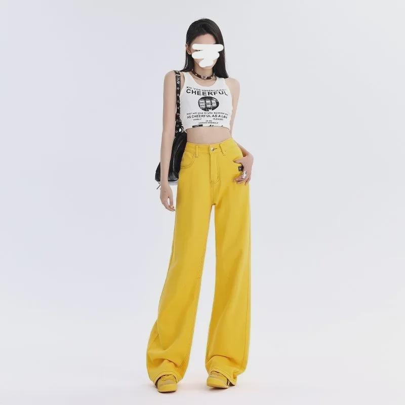 VantaGoods Gele geborduurde jeans met wijde pijpen voor dames - hoge taille, losse pasvorm, straatstijl, perfect voor lente en zomer. Double Extra Large geel