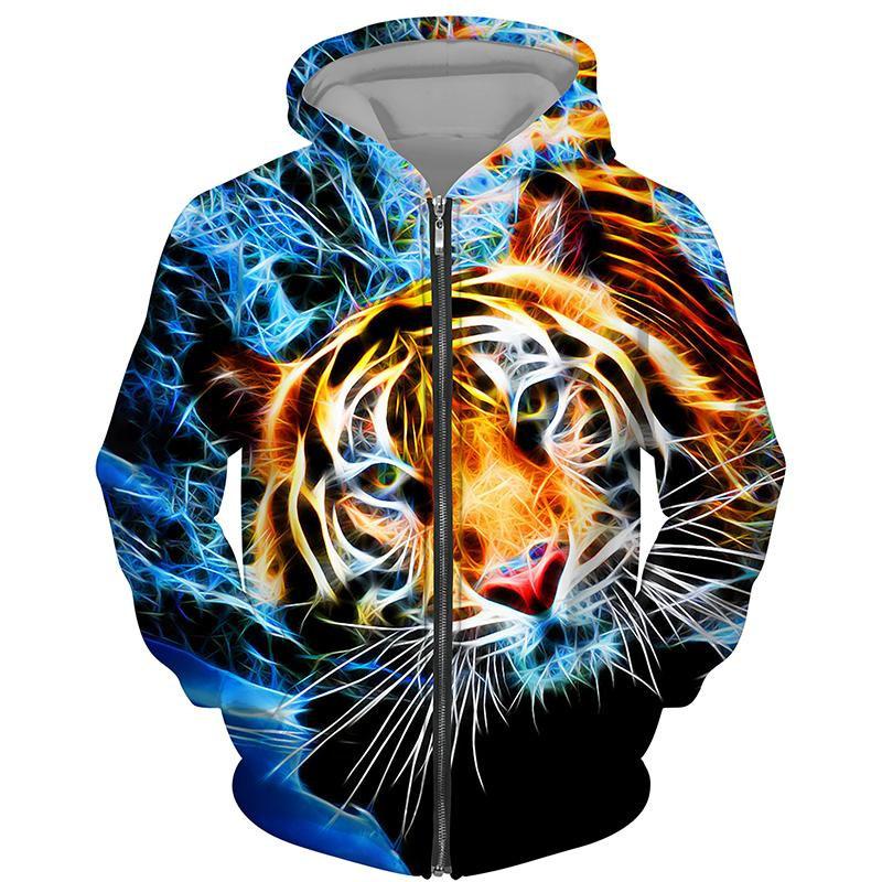 TIP723 Lente Herfst Mode Tijger Leeuw 3D Geprinte Hoodie Heren Mode Sportkleding met Ritssluiting Dierenpatroon Sportkleding Straatjas 2XL