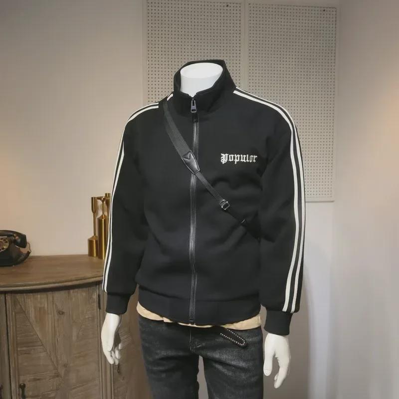 VantaGoods Heren Koreaanse stijl coltrui met rits: Jas met geborduurde zijstreep voor lente, herfst en winter. XL zwart