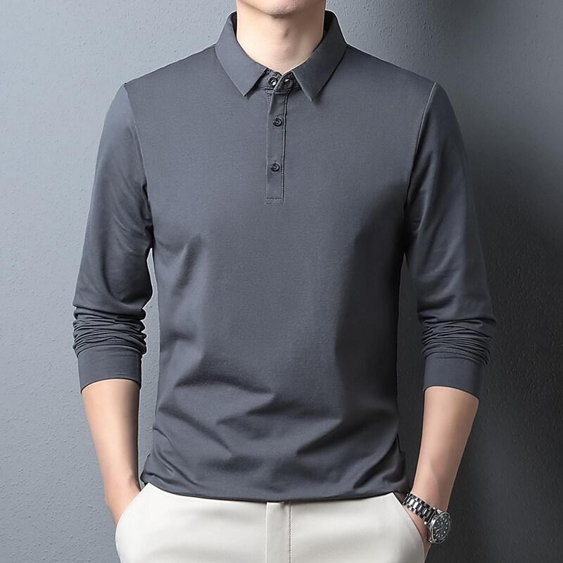 WOLF MAN Lente Herfst Heren Poloshirts van 95% Katoen Lange Mouw Effen Kleur Omslagkraag Smart Casual Poloshirts Heren Slim Fit T-shirts Tops 4XL wit