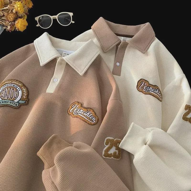 VantaGoods Retro poloshirt in collegestijl voor heren met borduursel: chique, los en comfortabel voor de herfst. 3XL zwart