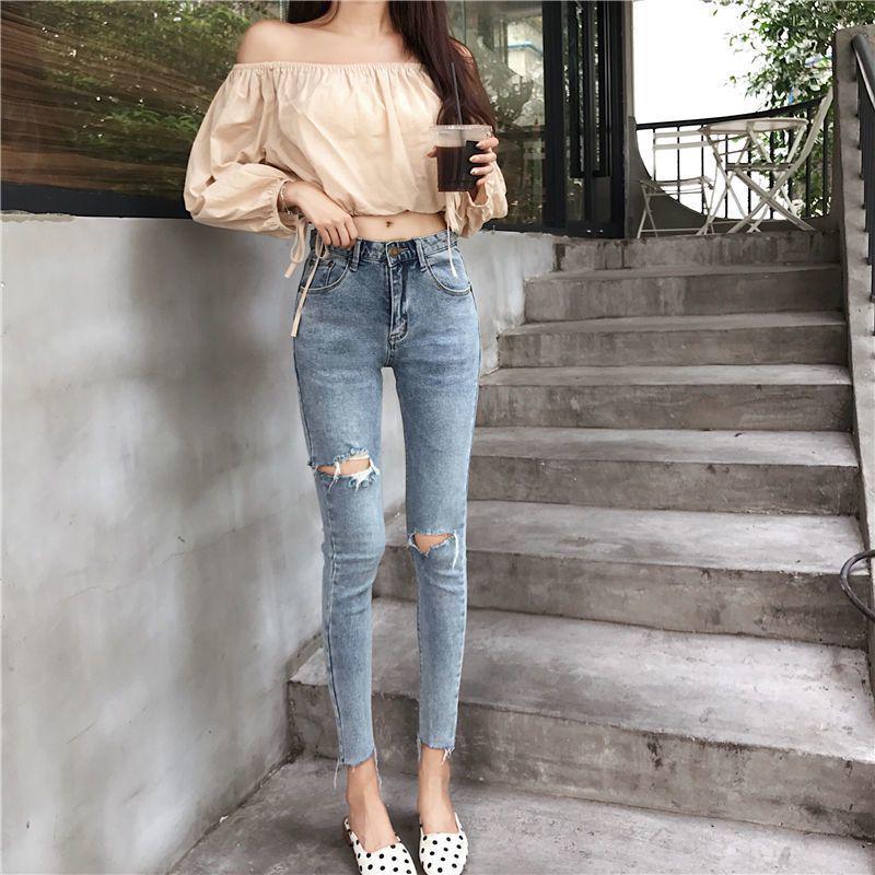 VantaGoods Skinny Ripped Jeans met hoge taille voor dames - Slim Fit, Raw Edge Large lichtblauwe kleur