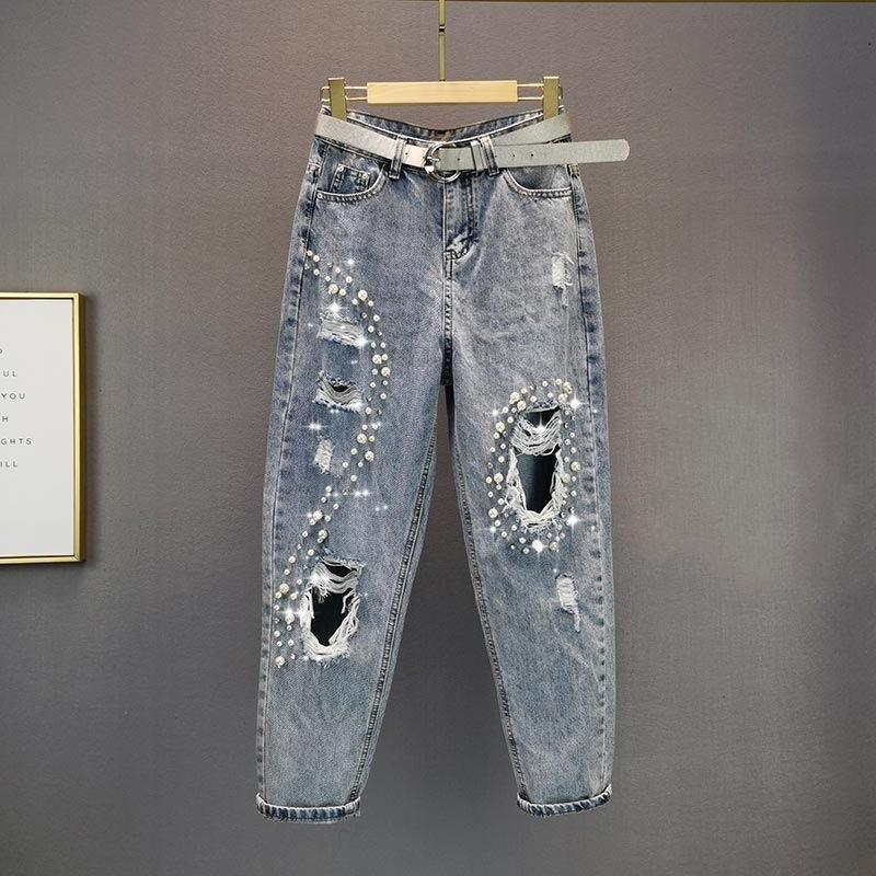 Mille Damesmode Jeans Gescheurde jeans Losse hoge taille jeans Kralen Strass Harembroeken Vrouwelijke straatgaten Denimbroeken XXXL blauw