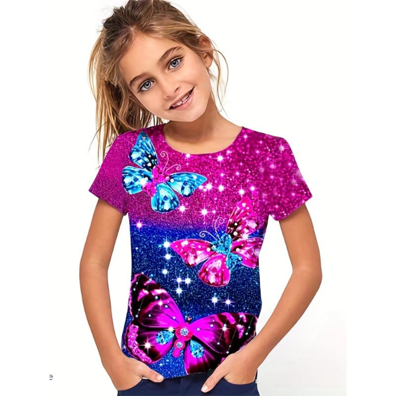 WowClassic 2024 Nieuwe Paarse Vlinder 3D Print T-shirt Voor Meisjes Casual Tops Korte Mouw T-shirts Voor Meisjes Zomer Kinderen T-shirts Chicas Camiseta 110