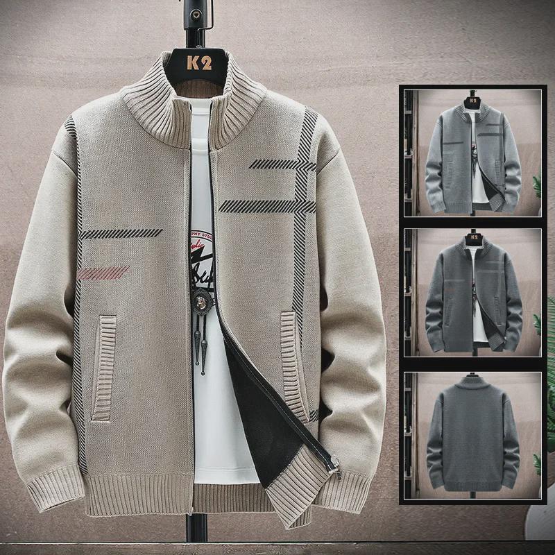 VantaGoods Heren 2023 fluweelgevoerd gebreid vest: Warme, bedrukte jas met lange mouwen en opstaande kraag voor herfst/winter. Extra Large donkergrijze kleur