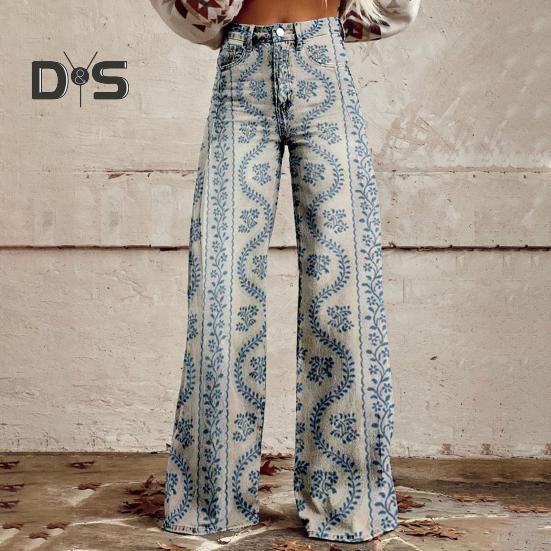 Mud in your eye Dames casual broeken kleurrijke 3D bloemenprint uitlopende pijpen hoge taille plus size jeans knoopsluiting met zakken Lojng broeken voor daten XL