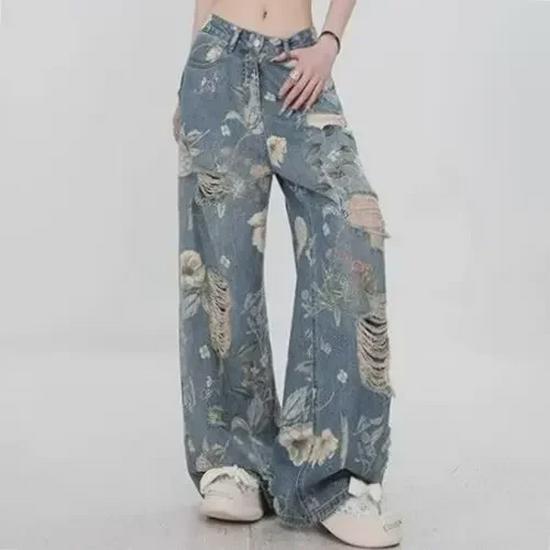 VantaGoods Dames jeans met hoge taille en bloemenprint, gescheurd - zomer 2024, retrostijl, dun, recht, wijd uitlopend, tot op de grond. Large