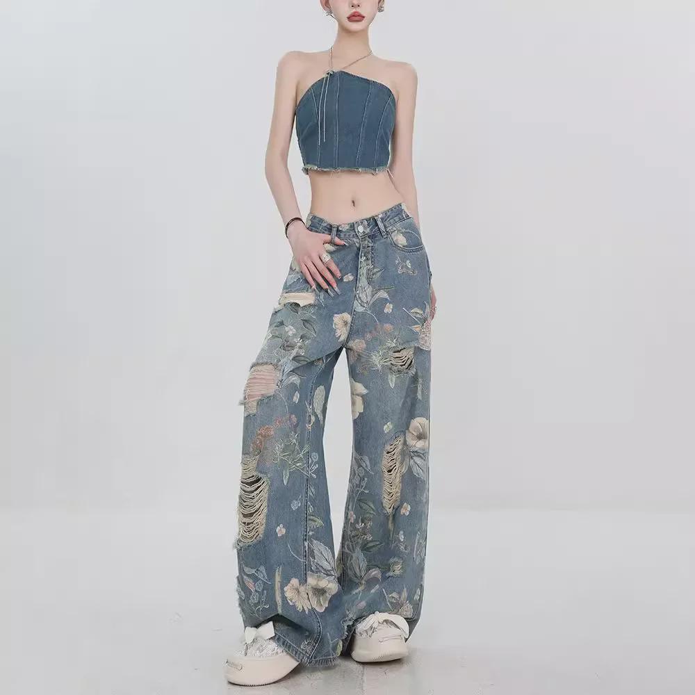 VantaGoods Dames 2024 Zomer Retro Bedrukte Wijde Pijpen Ripped Jeans 3X-Large blauw
