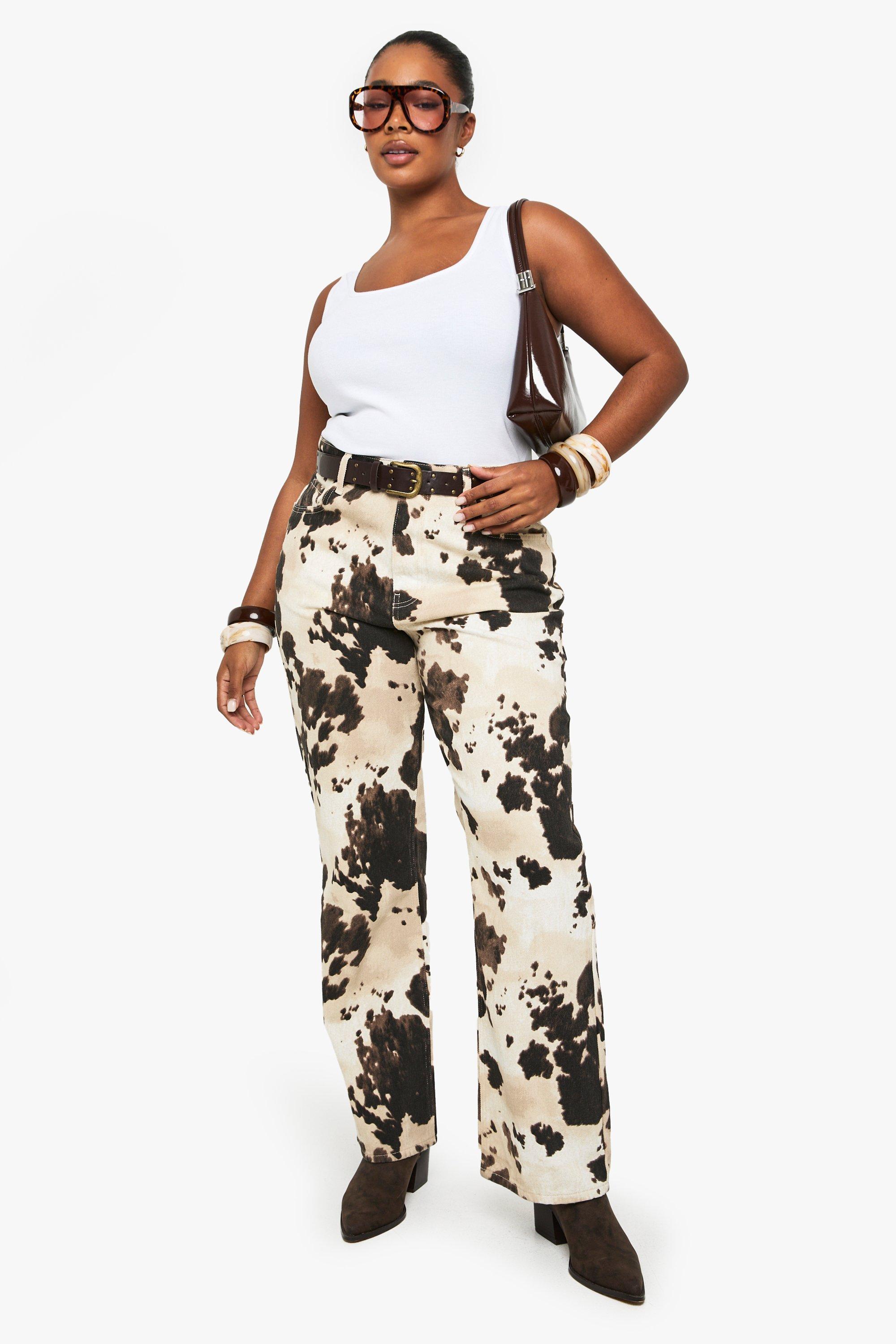Boohoo Plus Koeienprint Wide Leg Jeans, Brown