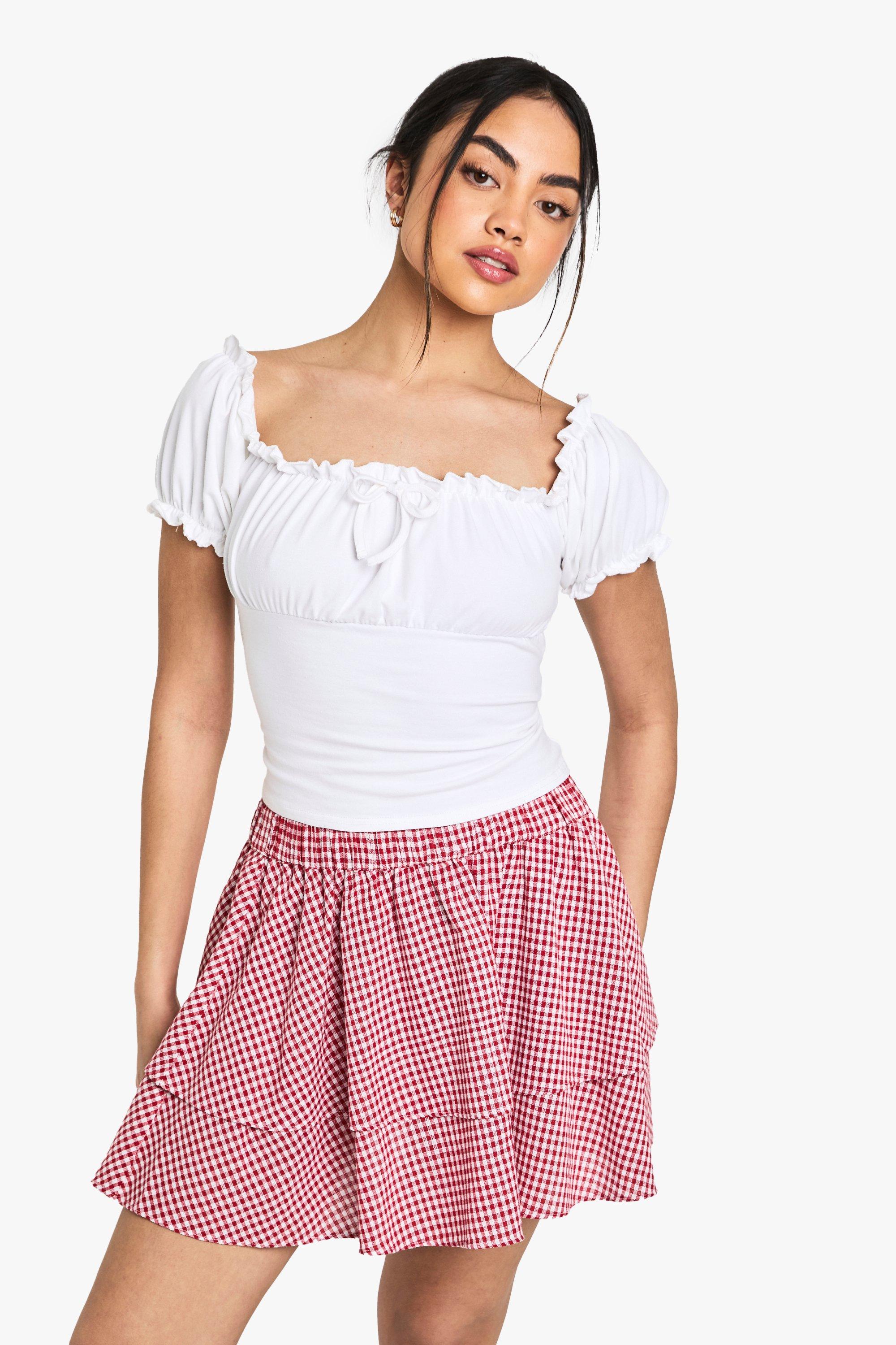 Boohoo Gingham Mini Rokje Met Dubbele Lagen, Red