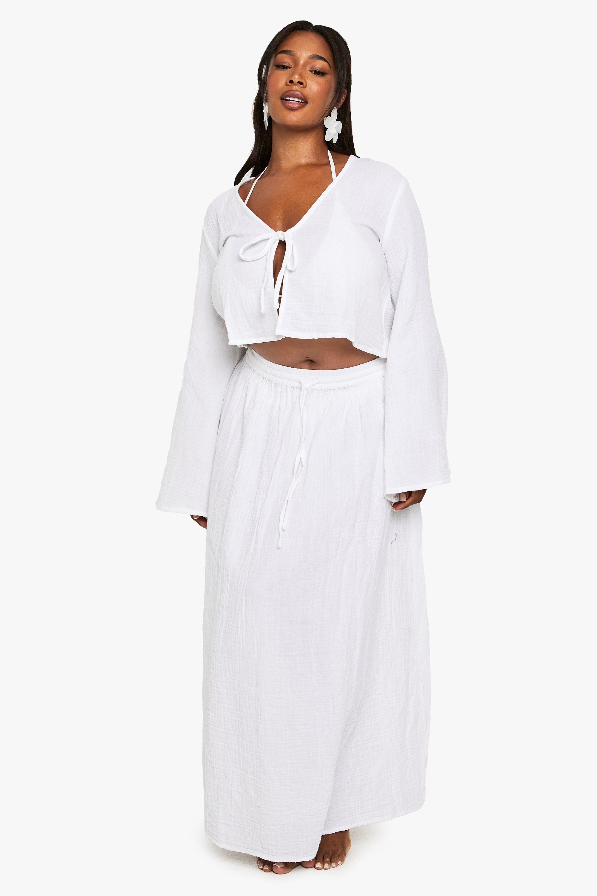 Boohoo Plus Maxi Rok Met Strik, White