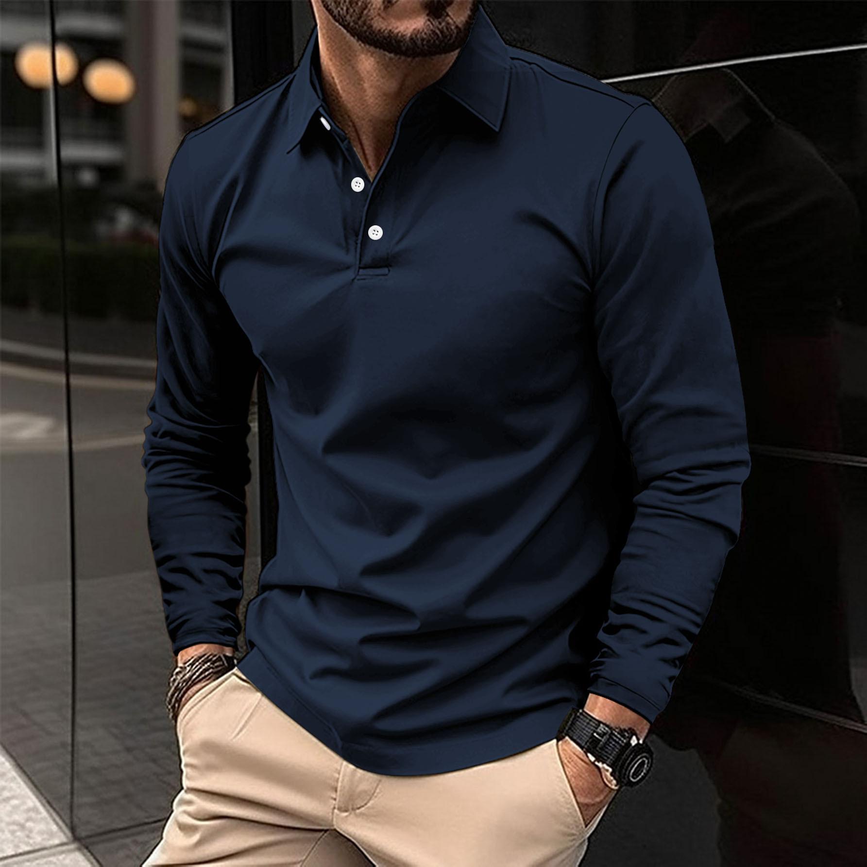 FEGKZLI Fashion 2025 Lente en herfst Nieuwe effen kleur Mode Casual Heren Lange mouwen Sport Poloshirt S wit