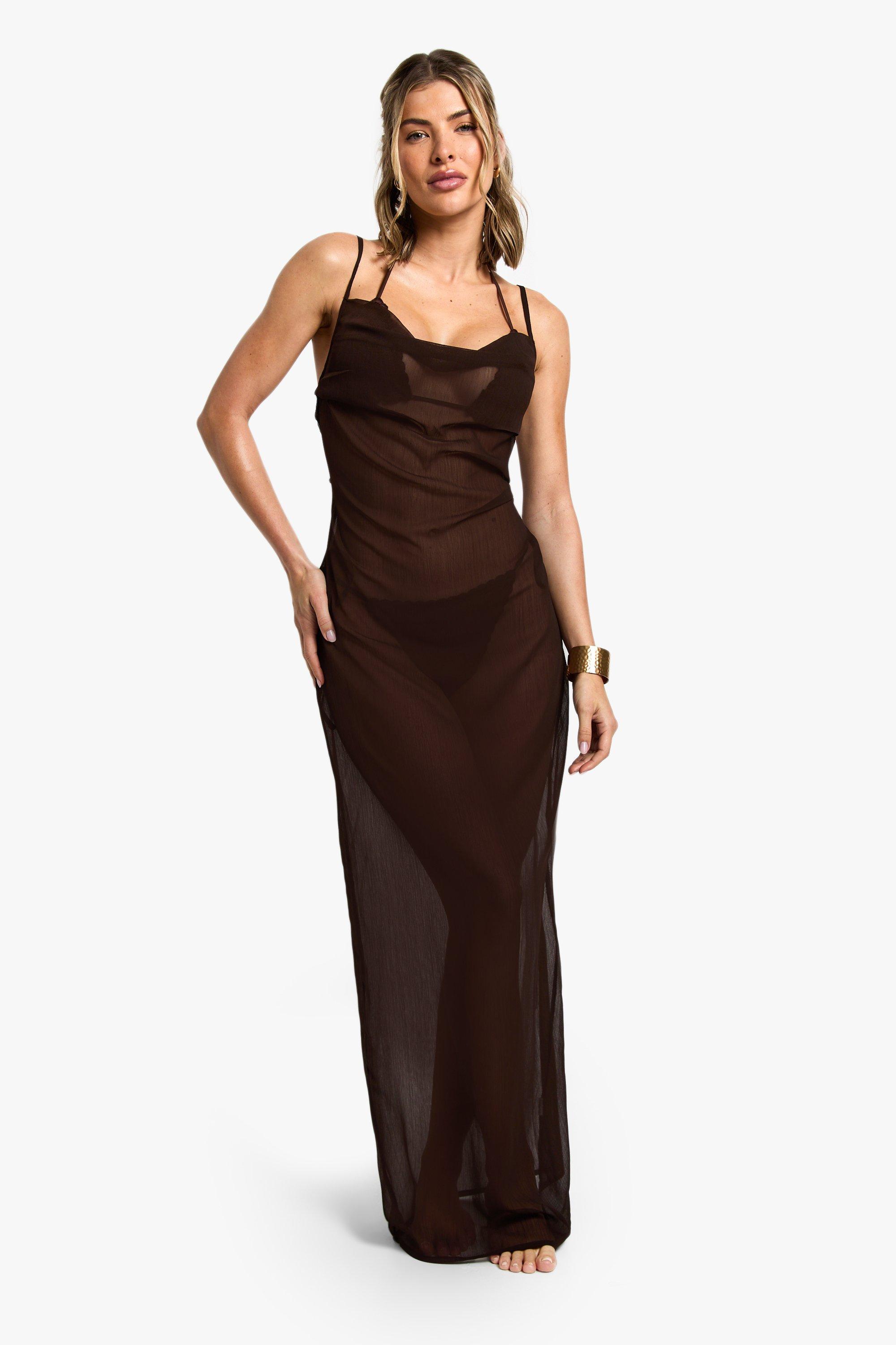Boohoo Strandwear Essentials Maxi Jurk Met Waterval Hals, Chocolate
