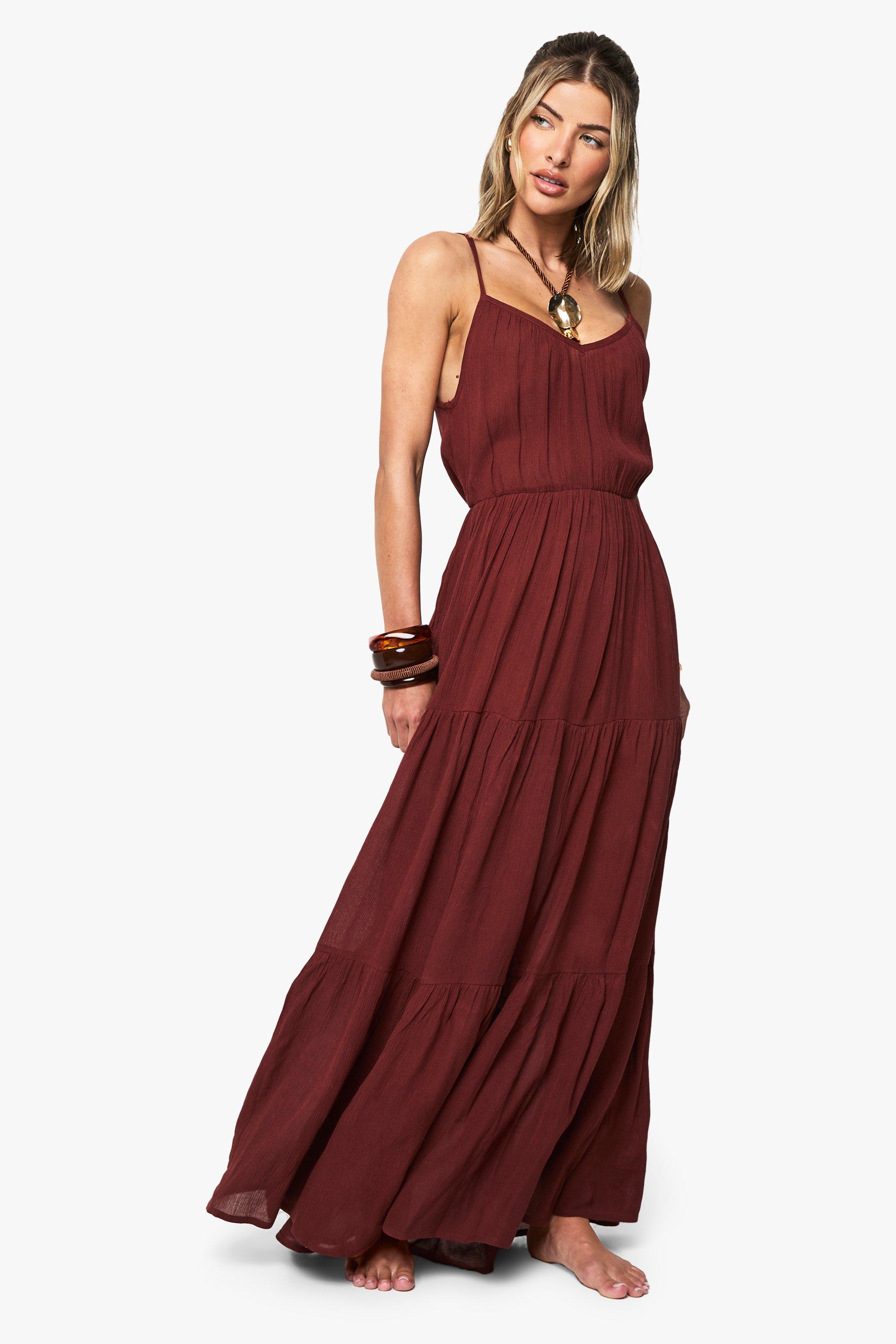 Boohoo Kaasdoek Maxi Strand Jurk Met Laagjes, Rust