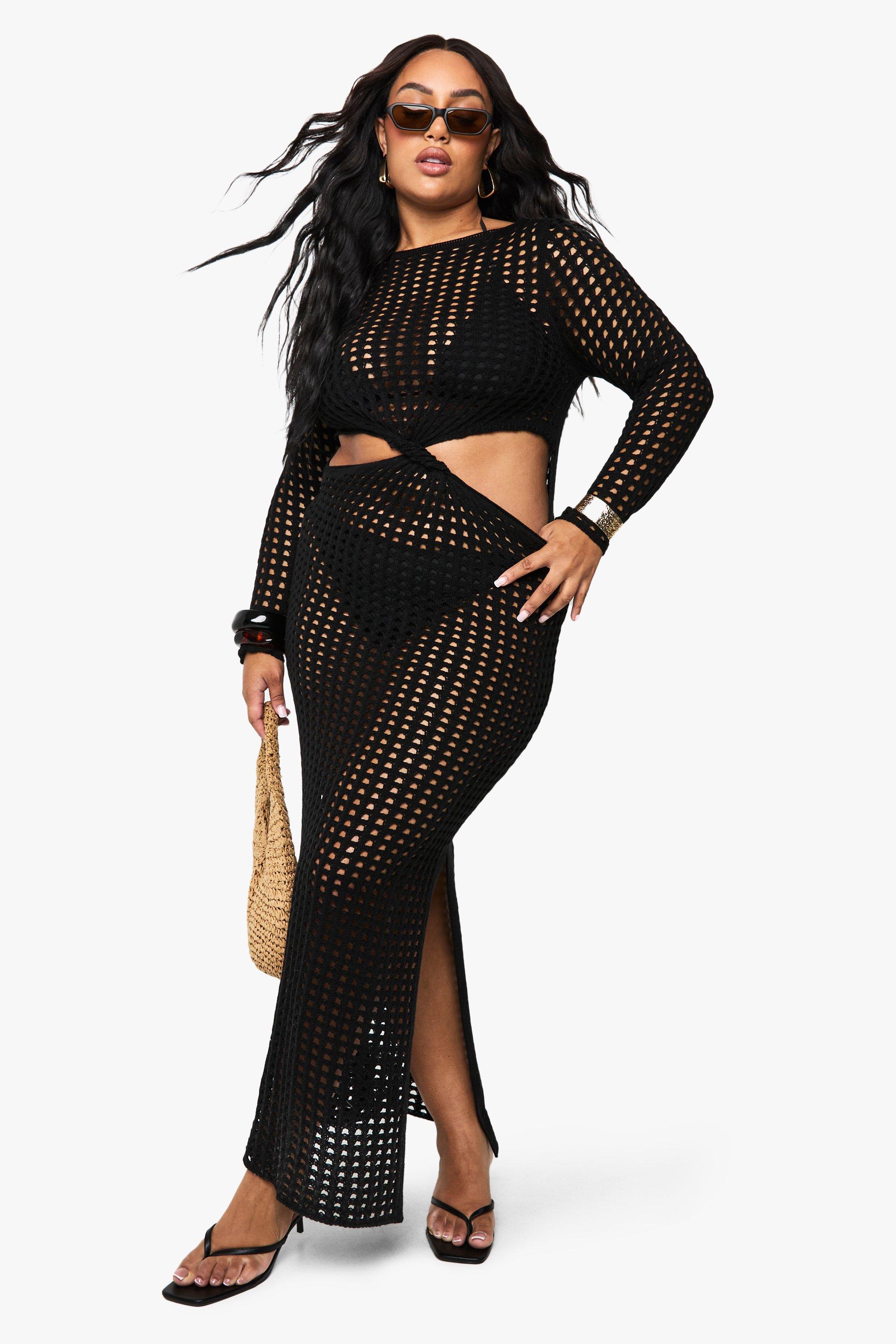Boohoo Plus Gebreide Gedraaide Strand Maxi Jurk, Black
