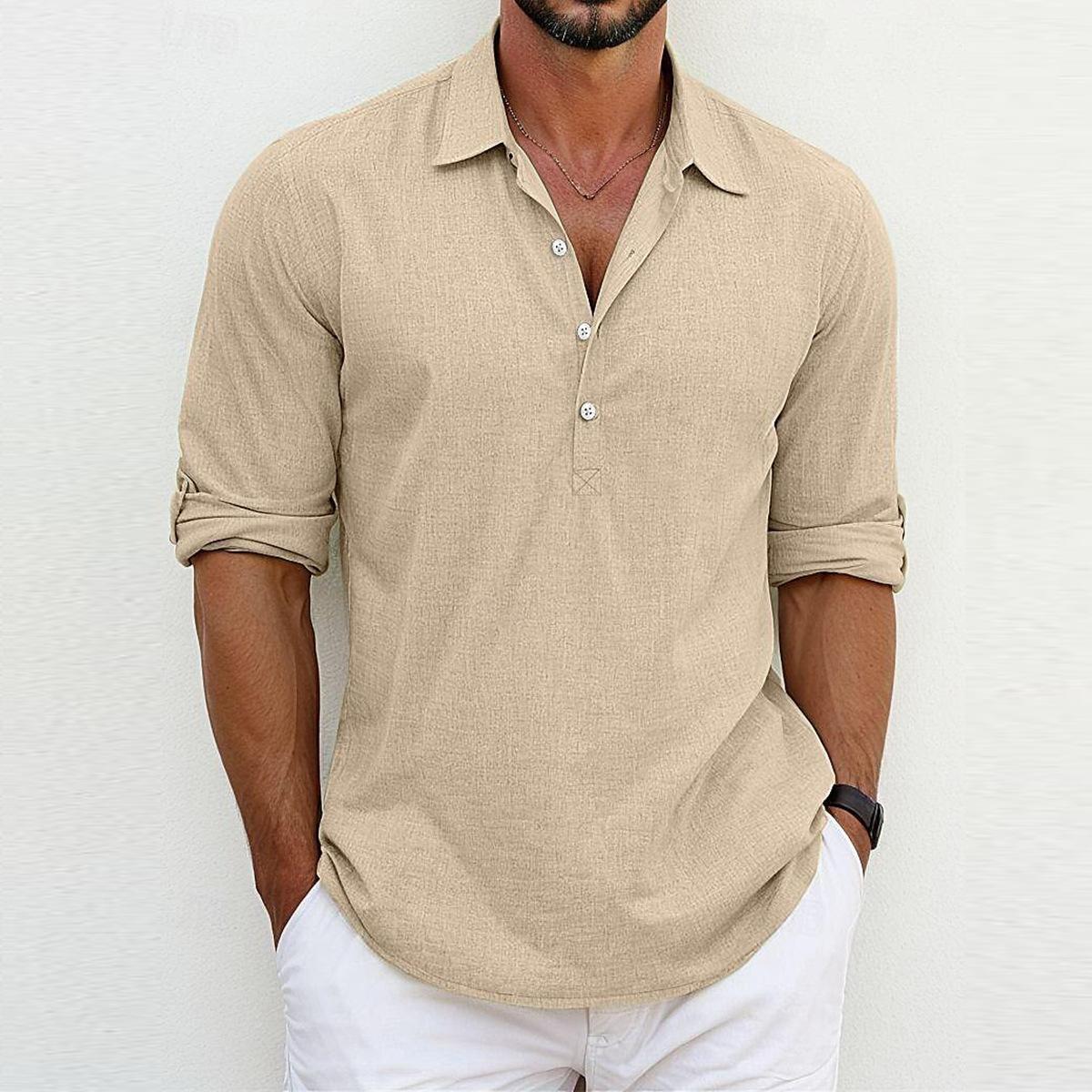 FEGKZLI Fashion 2024 Heren Linnen Overhemden Lange Mouw Overhemd Met Knoopsluiting Casual Zomer Losse Pasvorm Thuis Stijl Overhemden S zwart