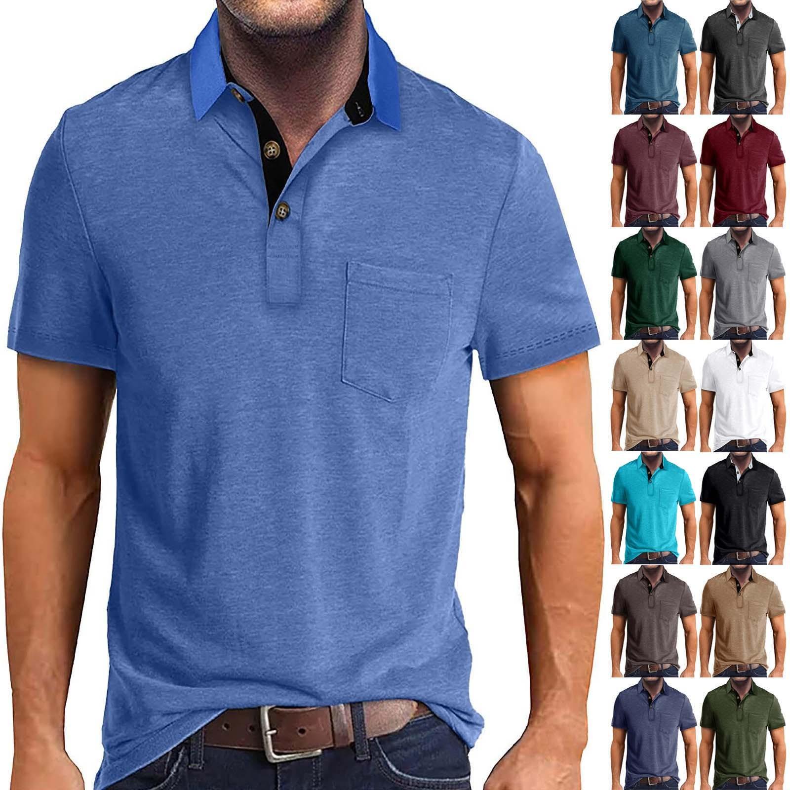 Jiangnan C Heren zomer effen T-shirt met 3 knopen open kraag en knoopsluiting korte mouwen top XL