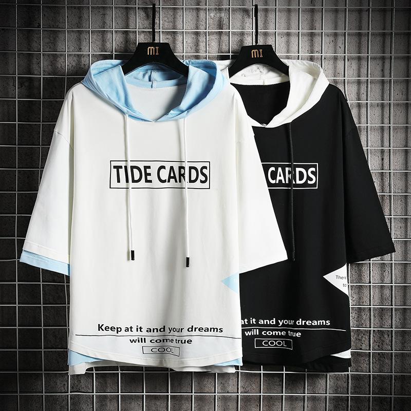 VantaGoods Trendy contrasterende capuchontrui voor heren met driekwartmouwen - grote maat. L blauw/wit