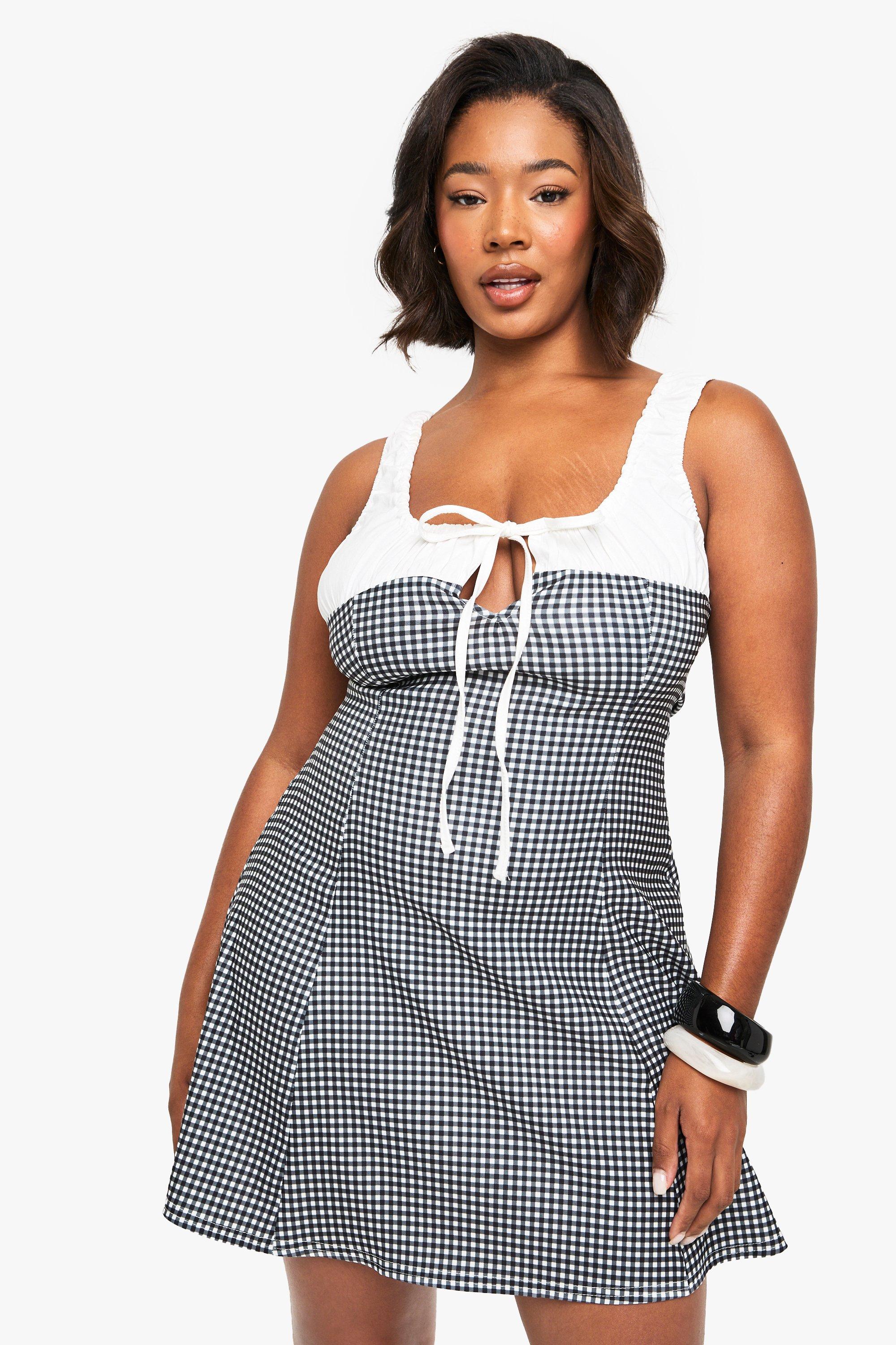 Boohoo Plus Gingham Contrast Milkmaid Mini Dress, Black