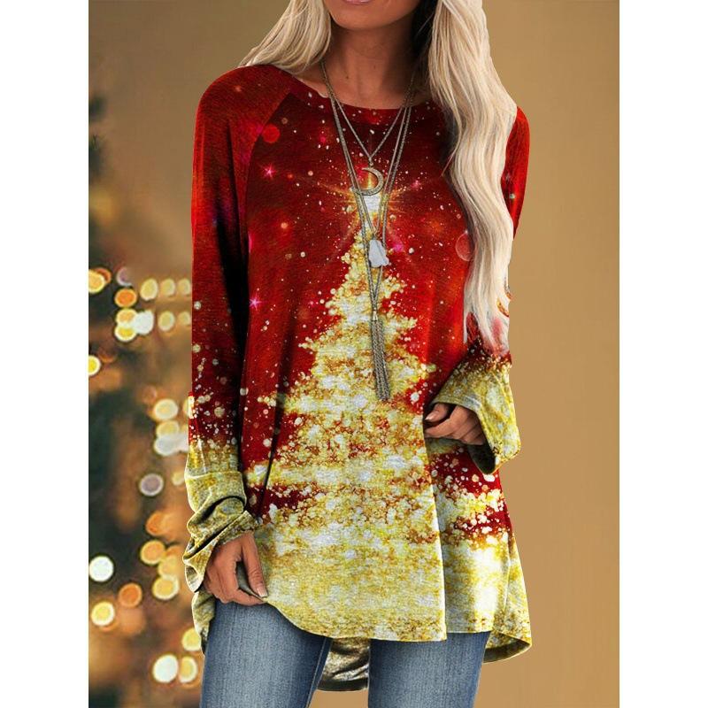 ETST 012 Kerst T-shirts Kerstboom Sneeuwman 3D Print Dames Lange Mouw T-shirt Oversized Streetwear Dames Tuniek Tees Tops Kleding S