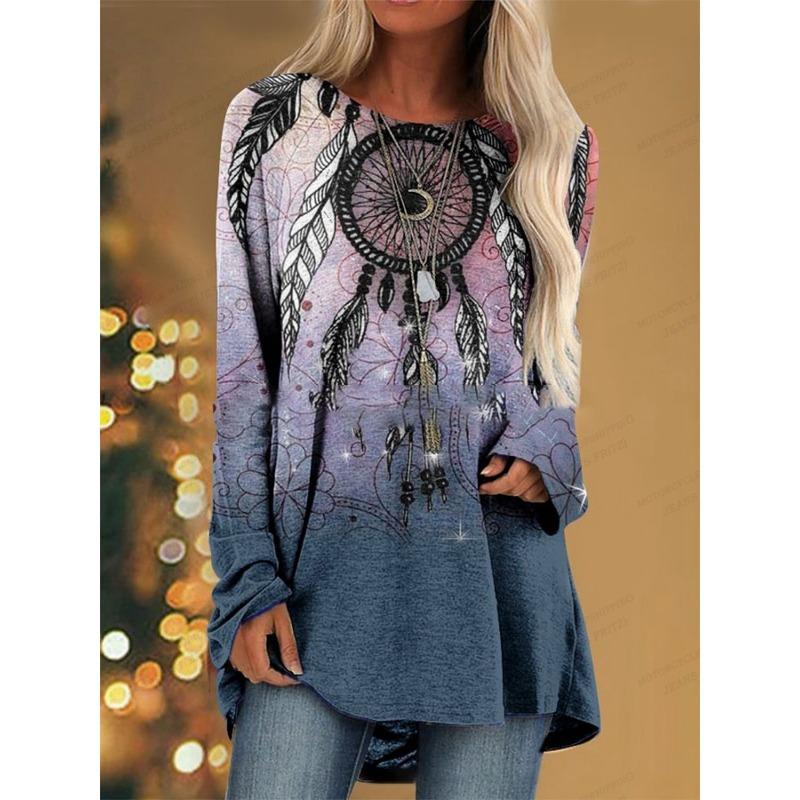 ETST 007 Dames T-shirt Native T-shirt Dames Mode T-shirts Indiase Stijl T-shirt Tuniek T-shirt Lange Mouw Tops Tees Dames Tops Vintage S
