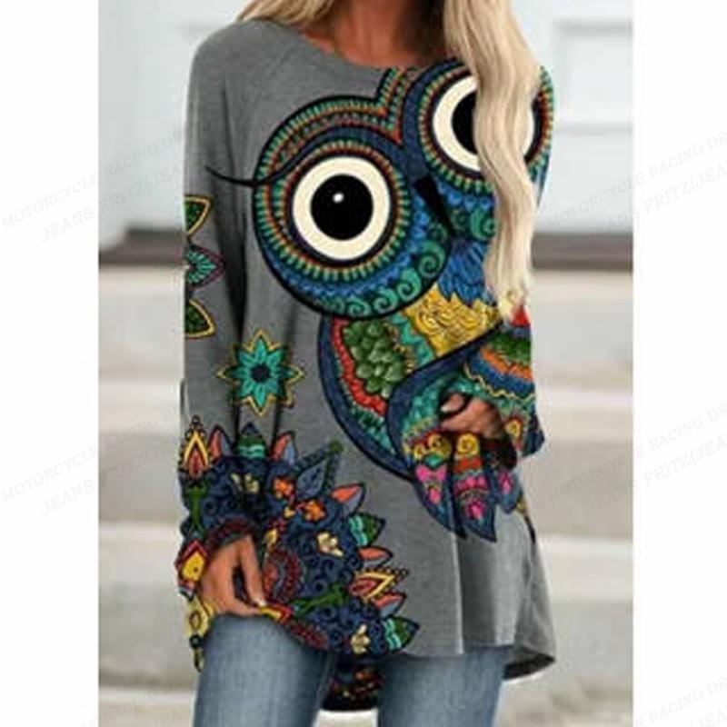 Etst 003 Uil T-shirt Dames T-shirt Dames Mode T-shirt Dier T-shirt Lange Mouw Tops Tees Essentiële Tops Kawaii Tuniek Dameskleding S