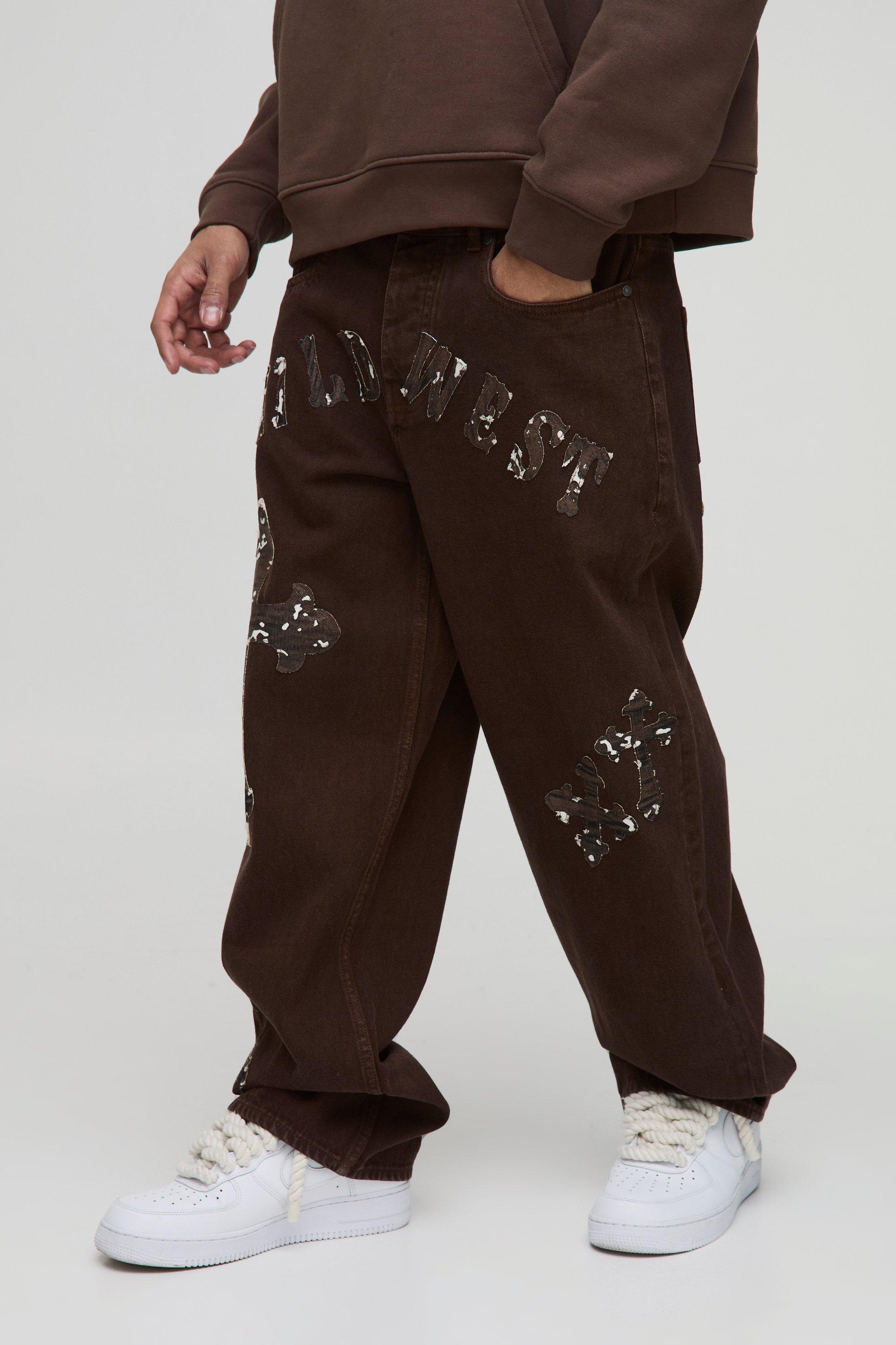Boohoo Baggy Koeienprint Jeans Met Kruis, Brown