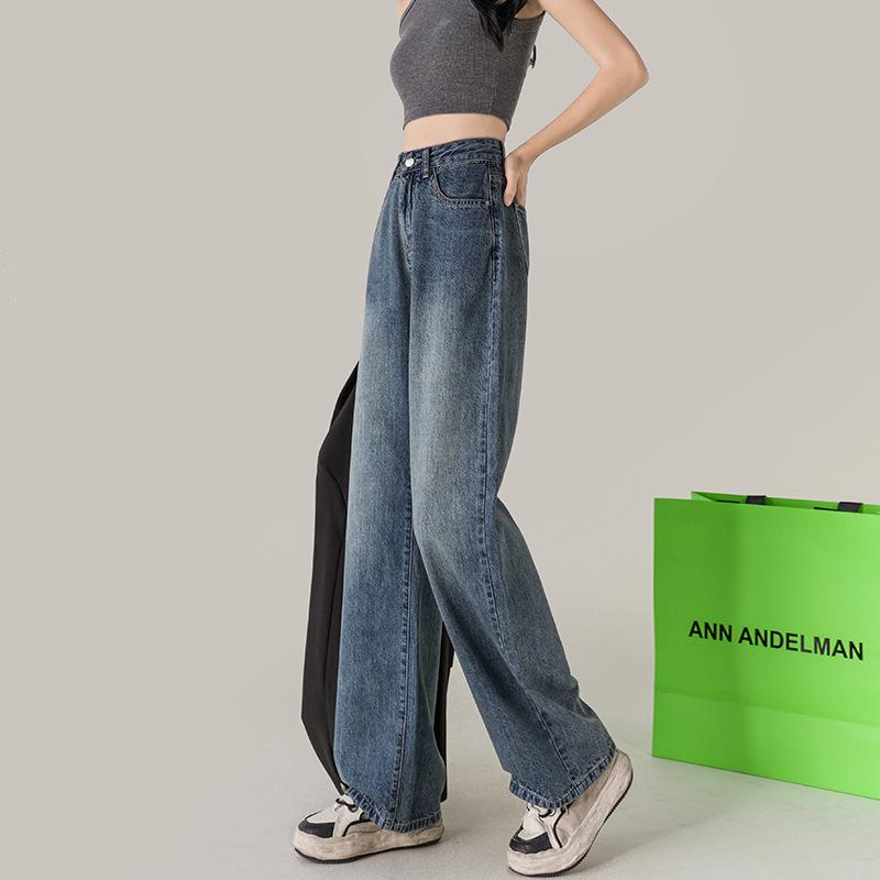 VantaGoods Retro distressed high-waisted wide-leg jeans voor dames - maat S, losse pasvorm, gewassen, rechte broek tot op de grond voor herfst/winter. Medium