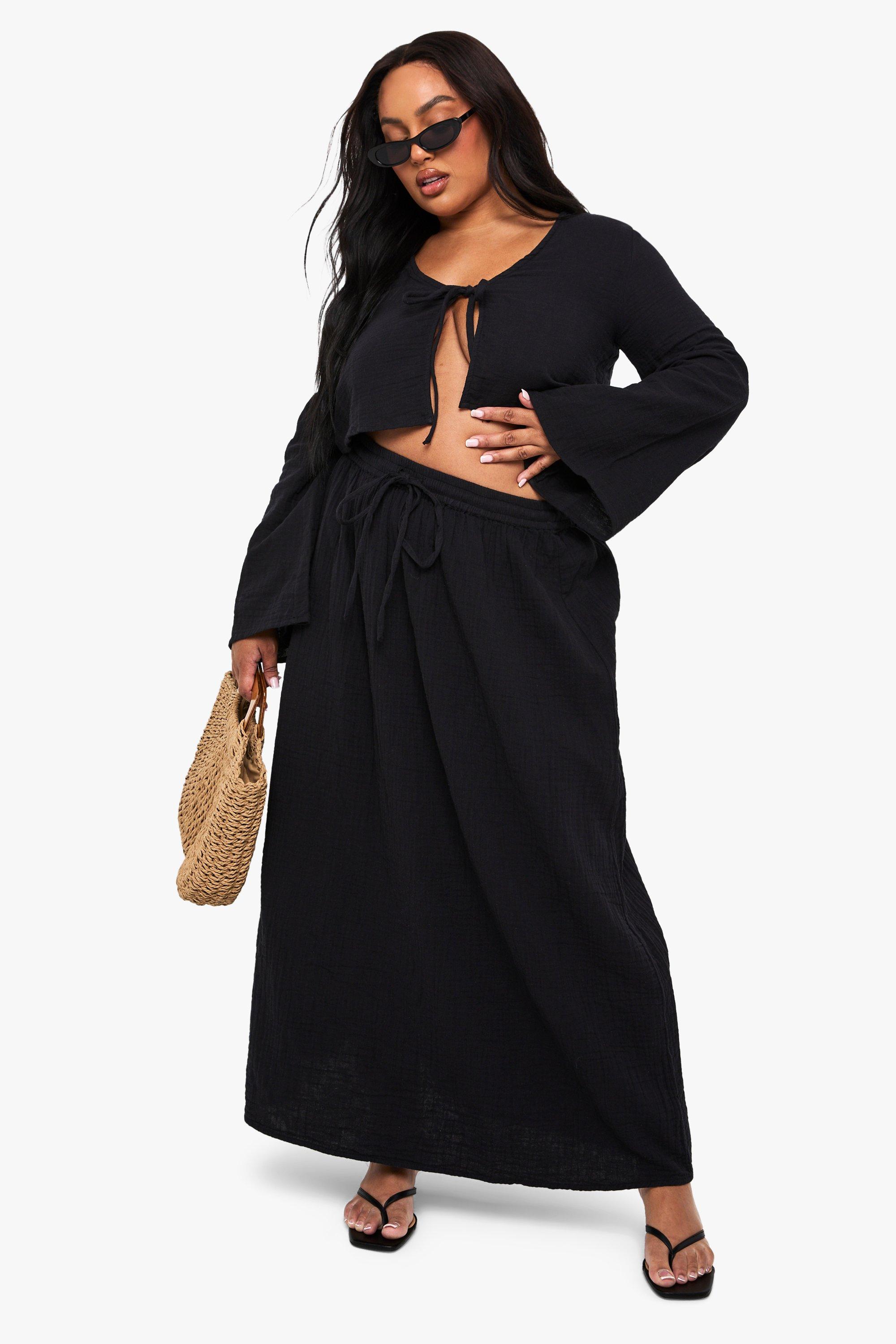 Boohoo Plus Maxi Rok Met Strik, Black