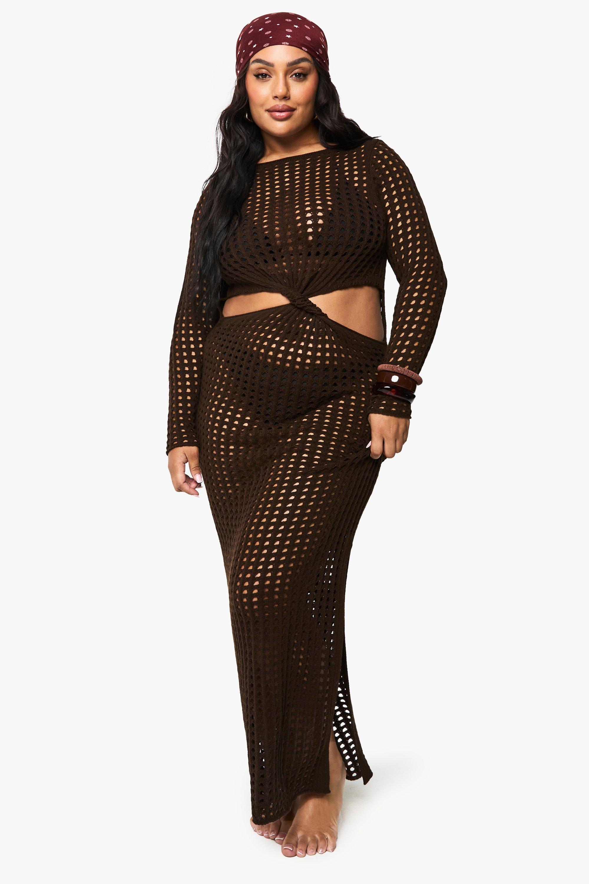 Boohoo Plus Gebreide Gedraaide Strand Maxi Jurk, Chocolate