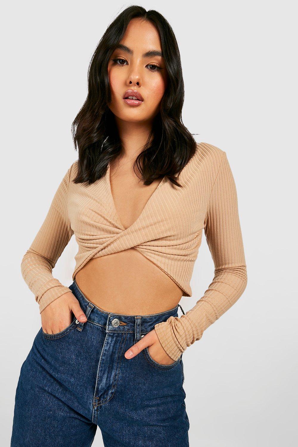 Boohoo Zachte Geribbelde Gebreide Gedraaide Dikke Crop Top, Stone