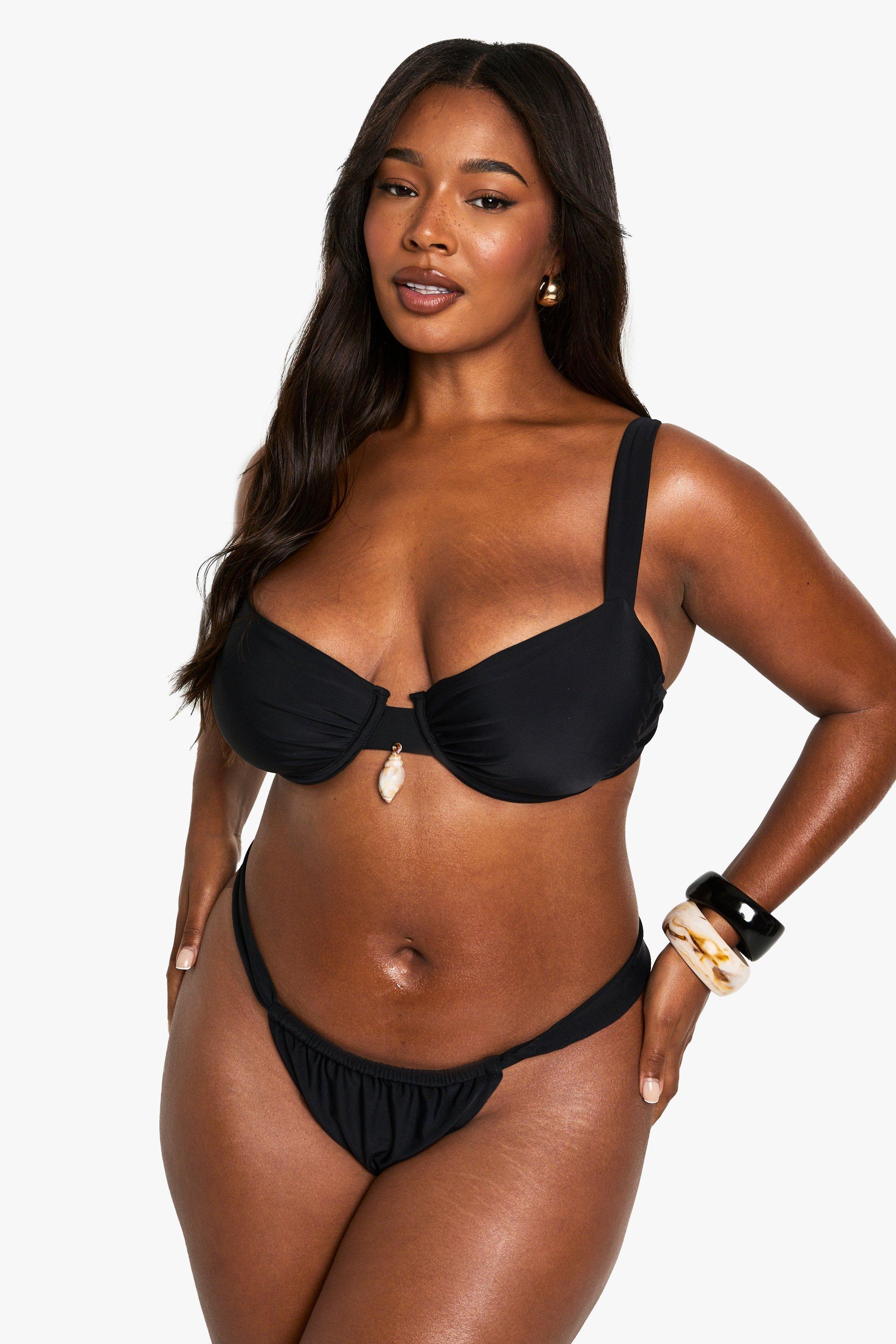 Boohoo Plus Geplooid Tanga Bikini Broekje Met Schelpen Zoom, Black