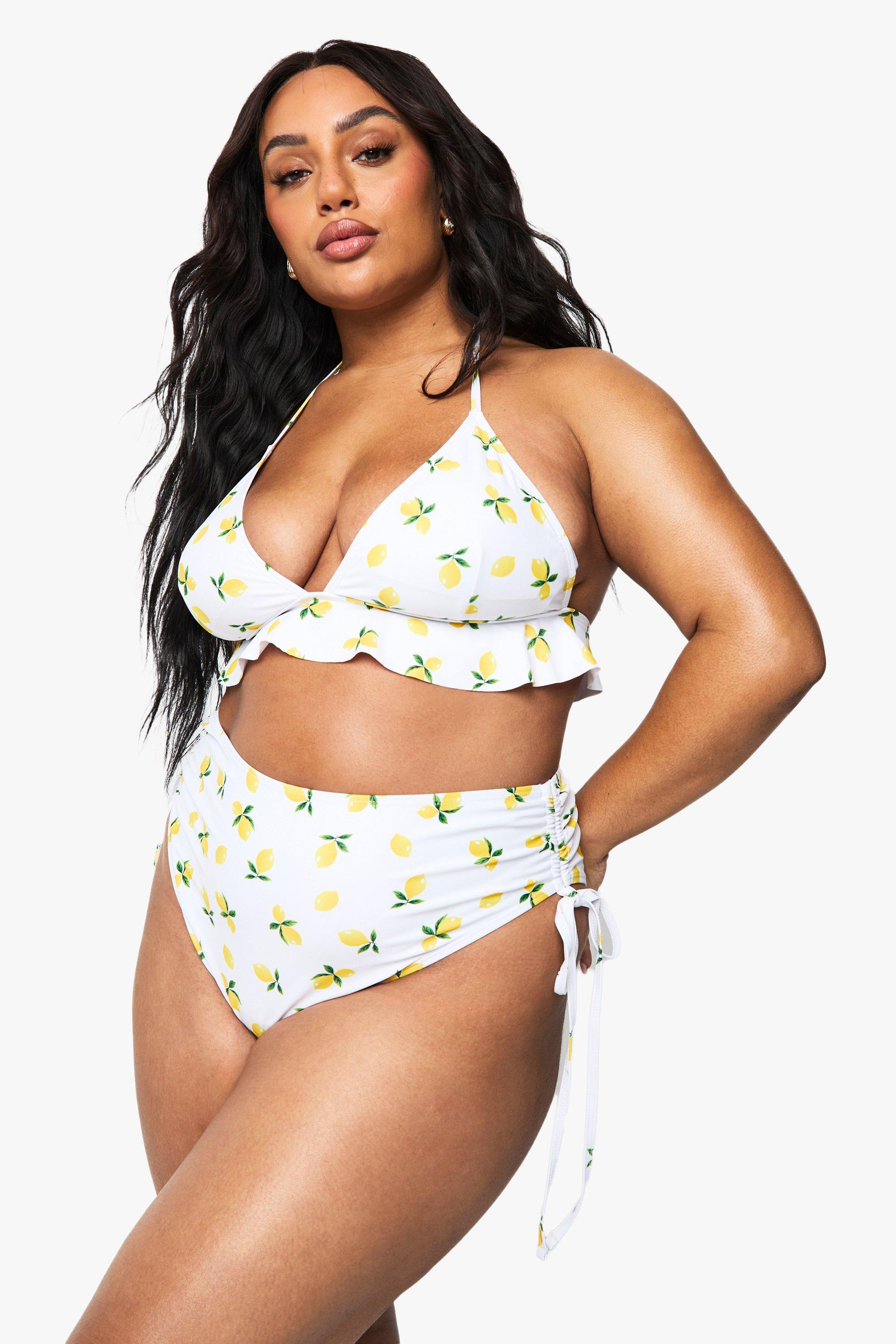 Boohoo Plus Citroen Print Bikini Met Hoge Taille, Lemon