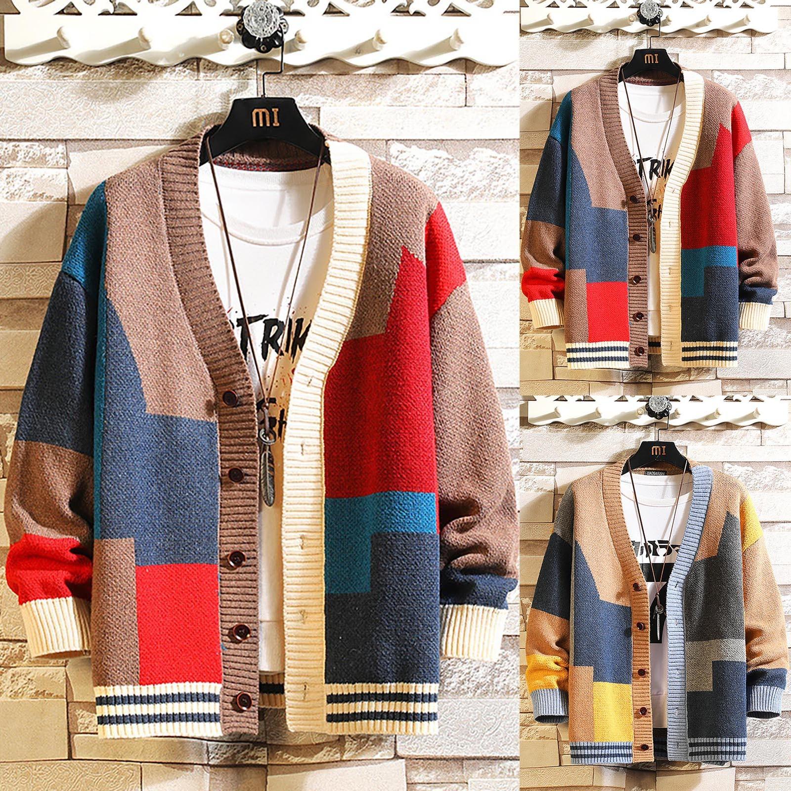 Zhengfuzhihai Herfst Stijl Nieuwe Heren Contrasterende Kleur Trui Cardigan Splicing V-hals Trui Grote Jas XXXXXL kaki