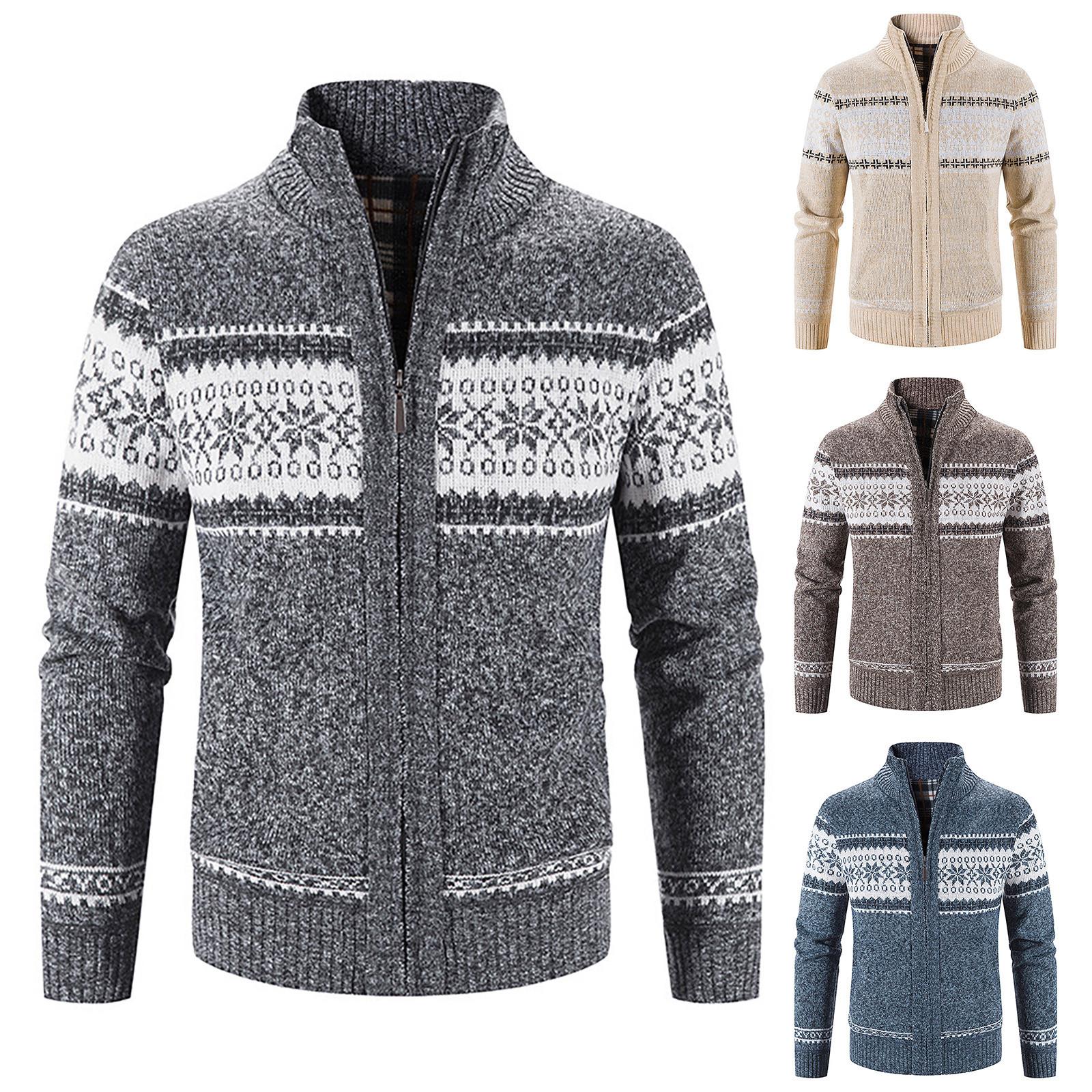 Zhengfuzhihai Heren Casual Herfst Winter Rits Trui Staande Kraag Bedrukt Cardigan Tops Trui Blouse Jas L beige