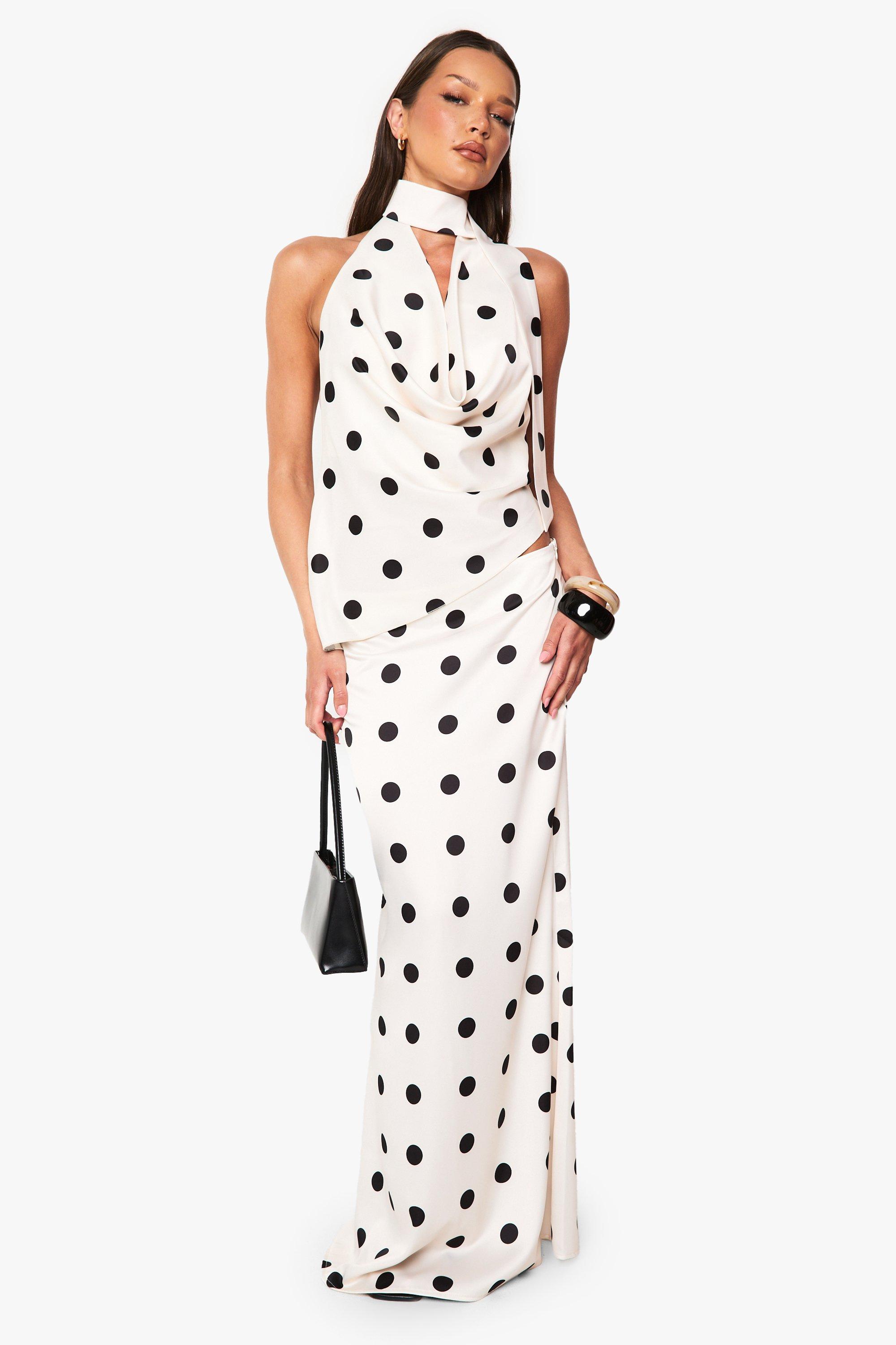 Boohoo Satijnen Maxi Rok Met Stippen, White