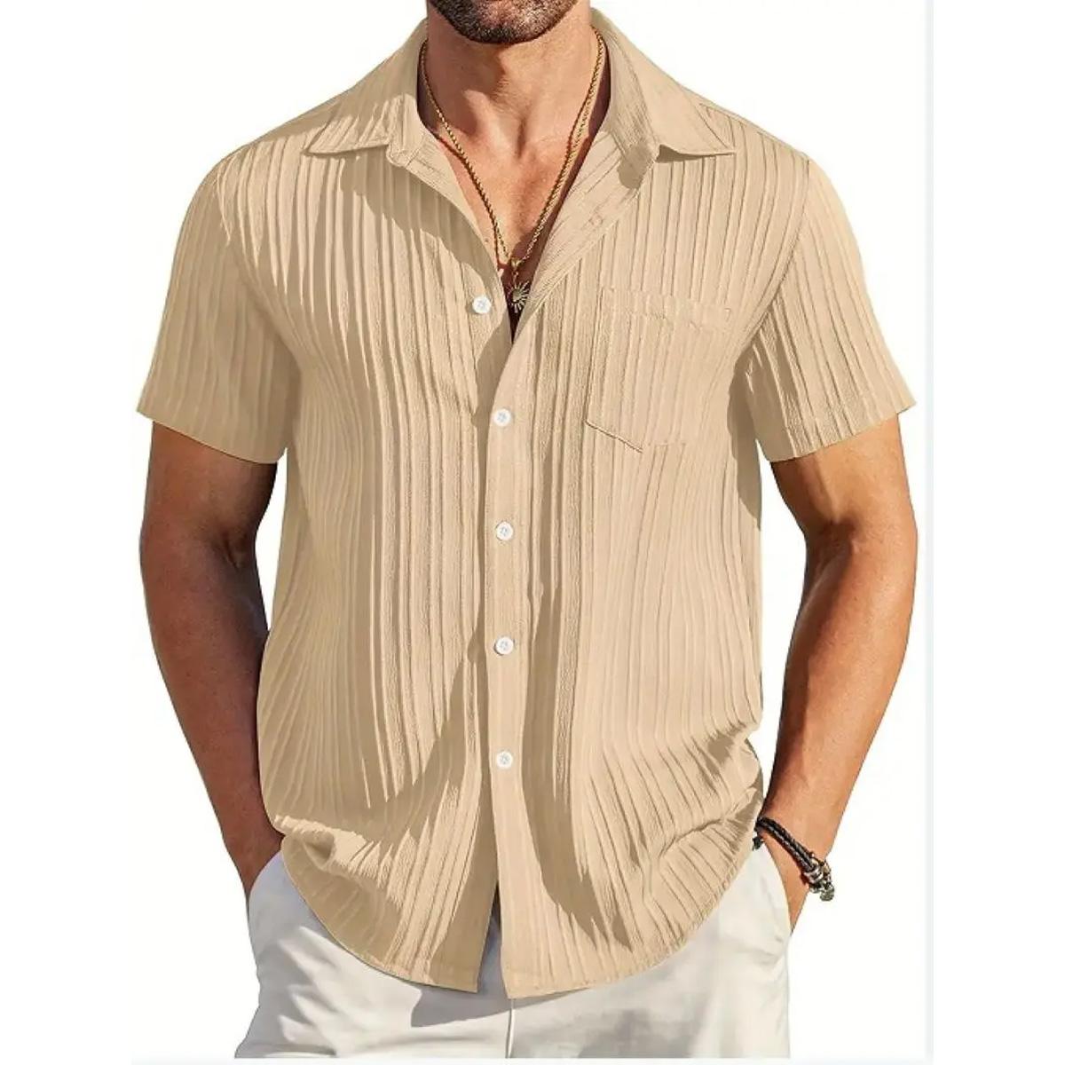 FEGKZLI Fashion Zomer Pop Fashion Gestreepte Revers Casual Comfortabel Ademend Kort Mouw Herenoverhemd S wit