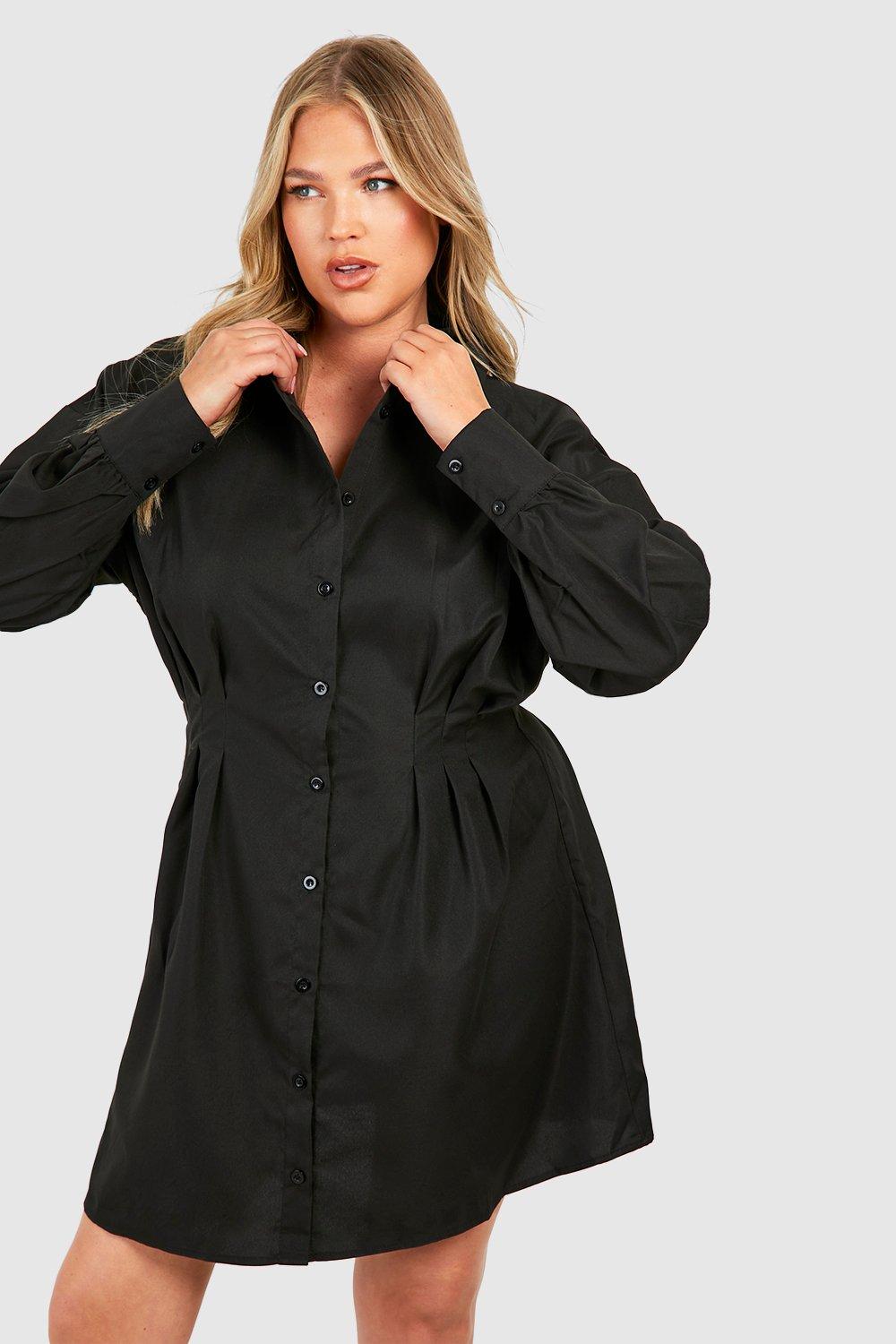 Boohoo Plus Blouse Jurk Met Geplooide Taille, Black