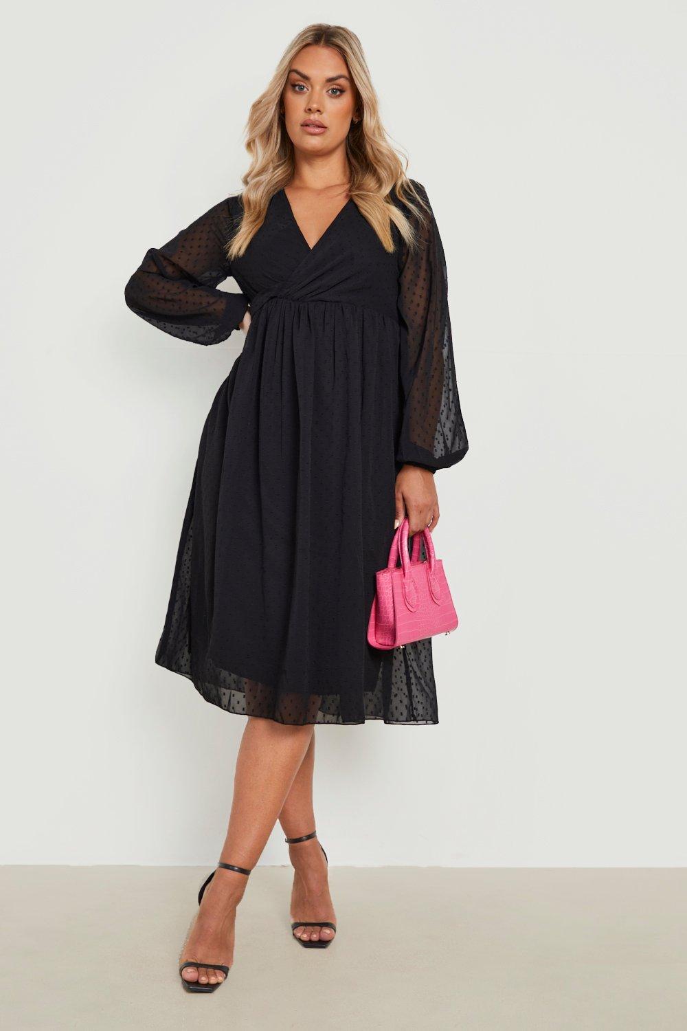 Boohoo Plus Gedraaide Dobby Midi Jurk, Black
