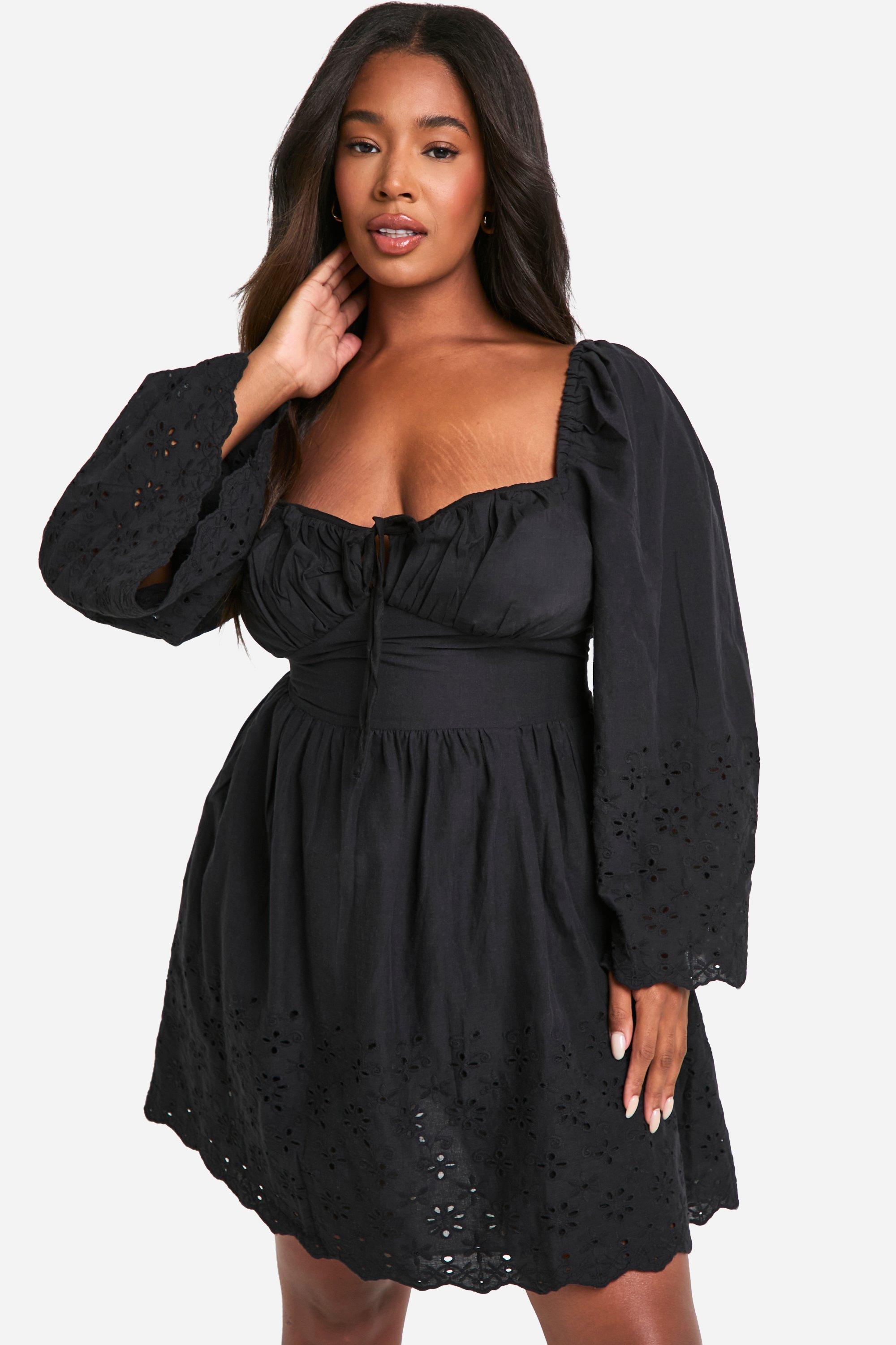 Boohoo Plus Geweven Broderie Melkmeisjes Mini Jurk Met Strik, Black