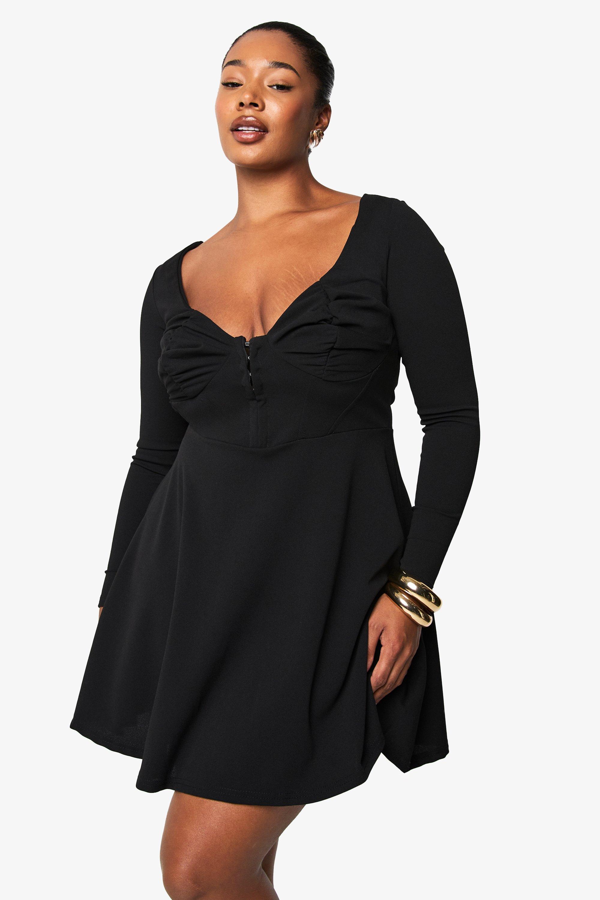 Boohoo Plus Geplooide Skater Jurk Met Korset Detail, Black