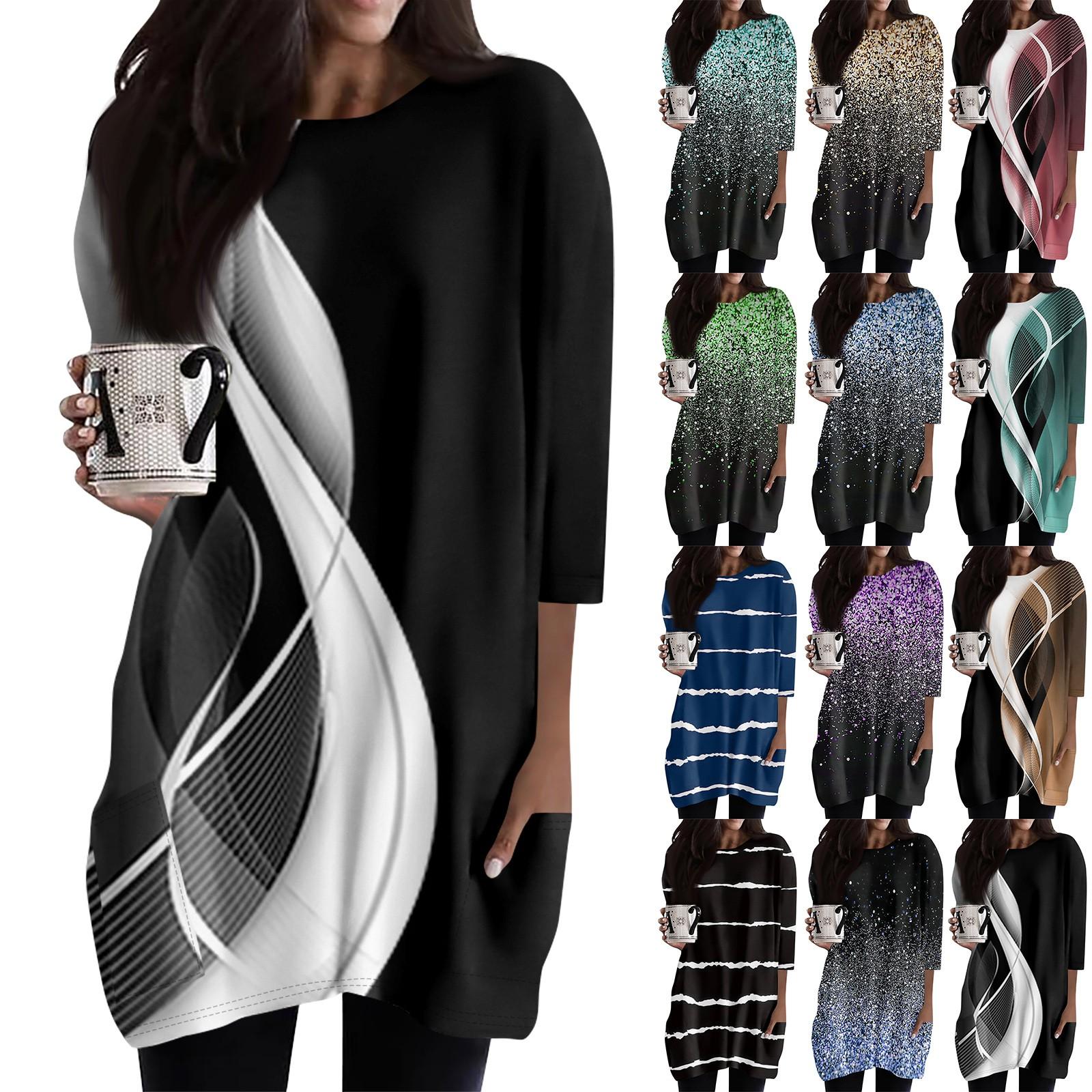 Zhengfuzhihai Dames Casual 3/4 Mouw Shirts Fashion Print Tuniek Tops Met Zakken L zwart