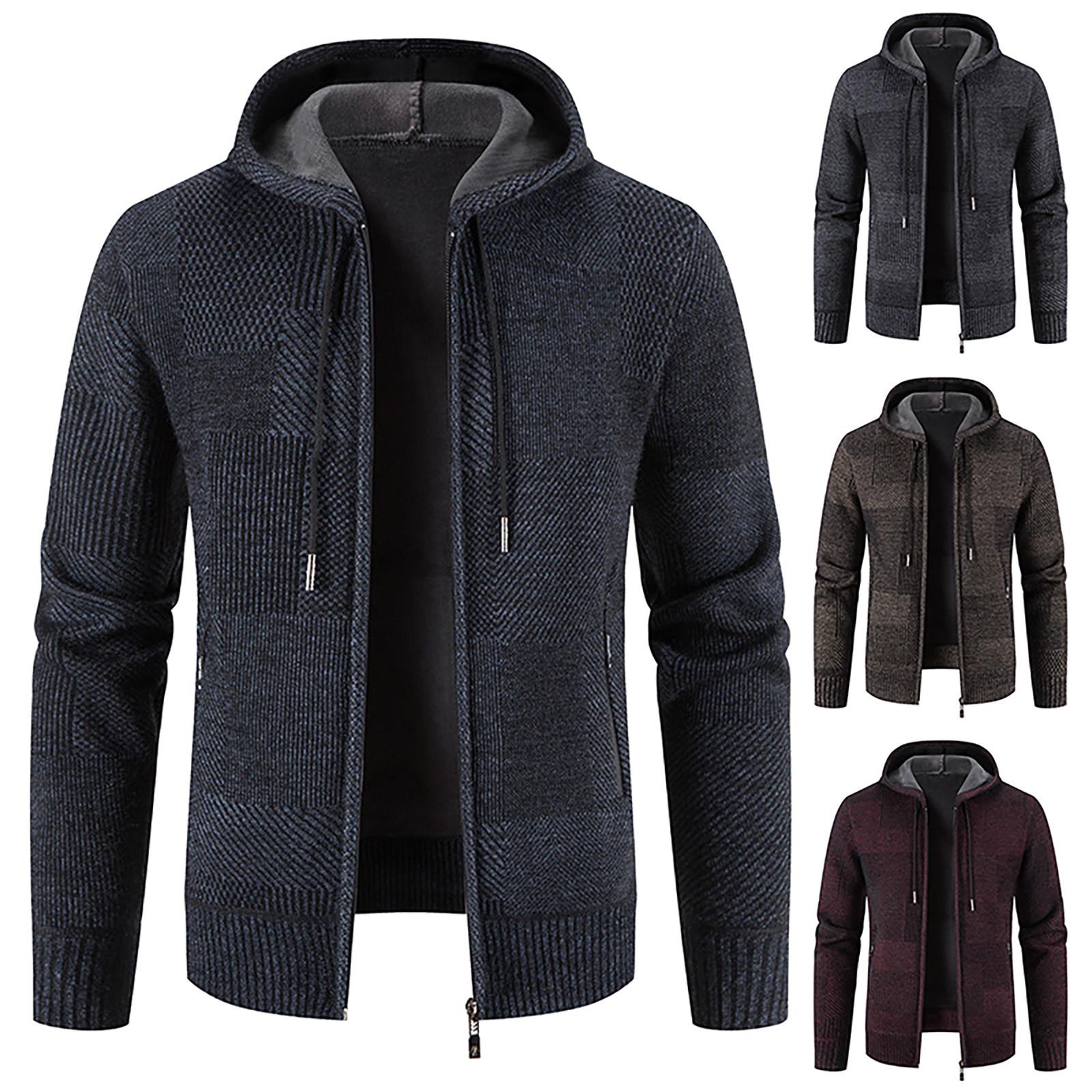 Zhengfuzhihai Herenjas met capuchon, pluche, geruit breiwerk met trekkoord, trui, warme effen kleur jassen, tops XXL koffie