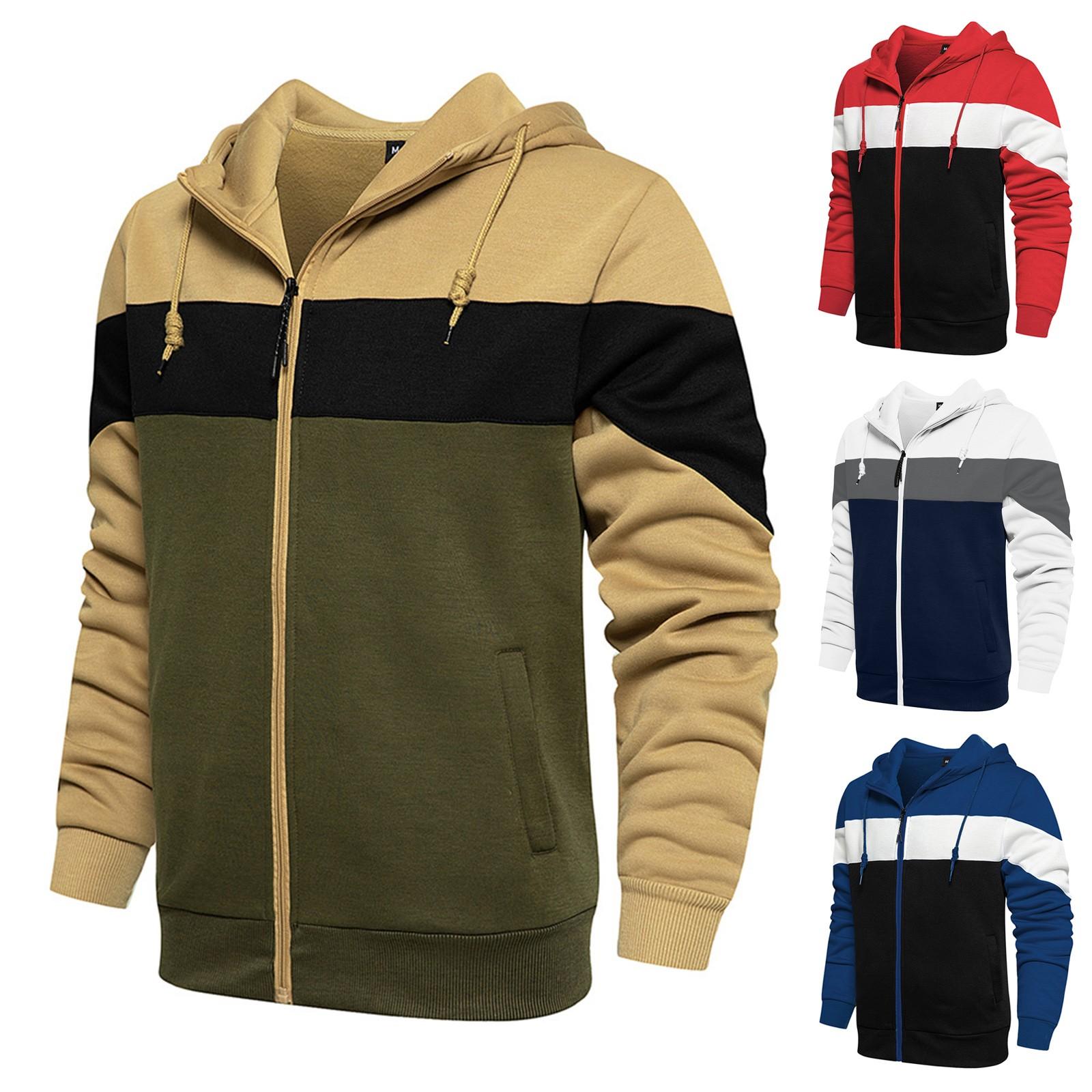 Zhengfuzhihai Heren kleurcontrast vest met rits en capuchon, grote maten casual pluche uitloper L kaki