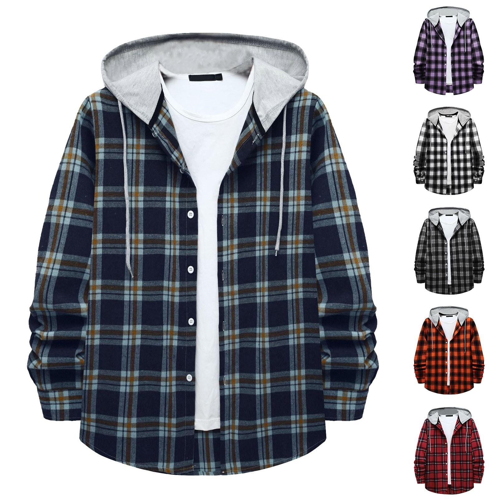 Zhengfuzhihai Heren geruit overhemd met capuchon en knoopsweater Casual mode-sweatshirt voor heren L zwart