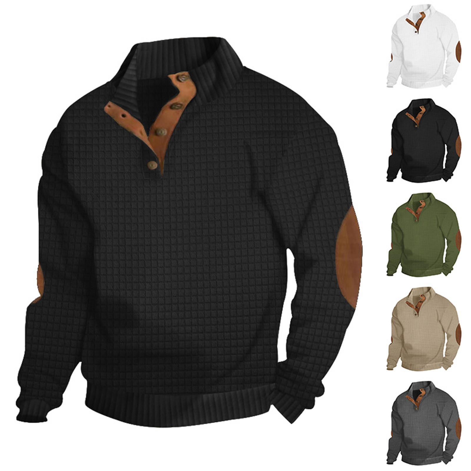 Zhengfuzhihai Heren losse effen kleur knoop stand kraag patch zak capuchonloos sweatshirt L legergroene kleur