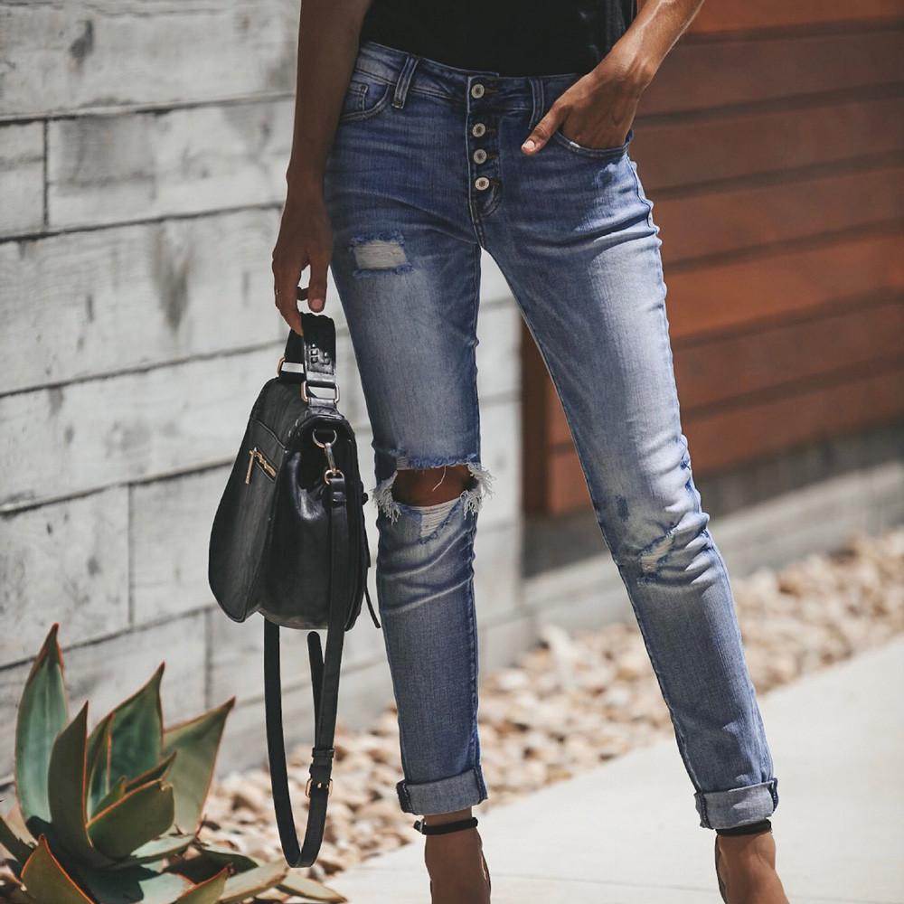 Zhengfuzhihai Dames skinny denim jeans met hoge taille, stretchbroek, kuitjeans L blauw