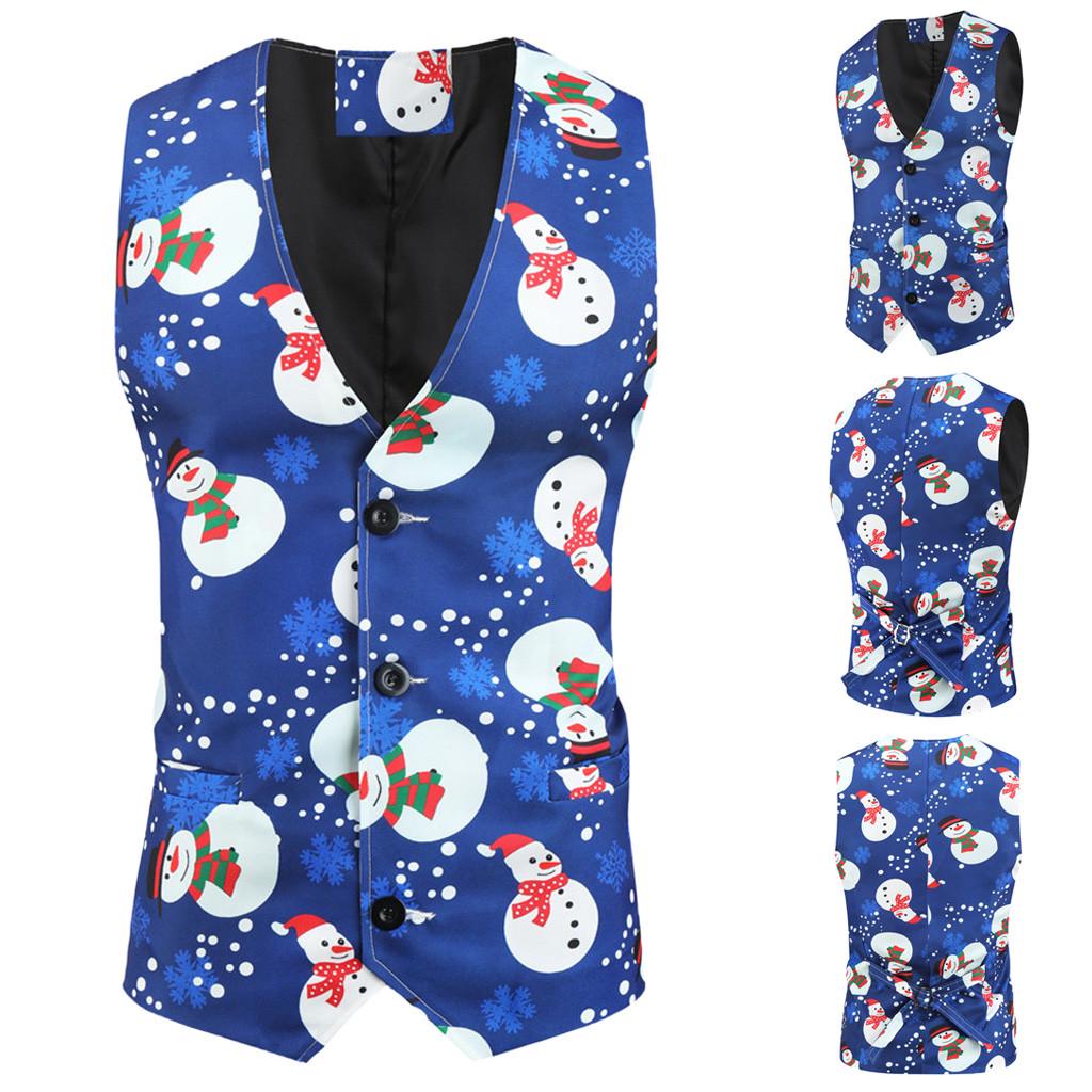 Zhengfuzhihai Heren Sneeuwpop Kerst Kerst Fancy Vest Vintage Button Up Party Mouwloos Jasje XXL blauw
