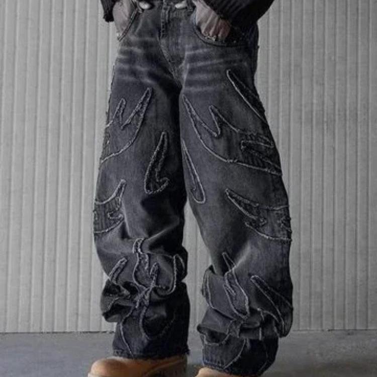 Lntelligent Living Hall Y2k Hip Hop Baggy Jeans Versleten Retro Zwarte Broek Borduurwerk Harajuku Gothic Wijde Broek Streetwear Broek M