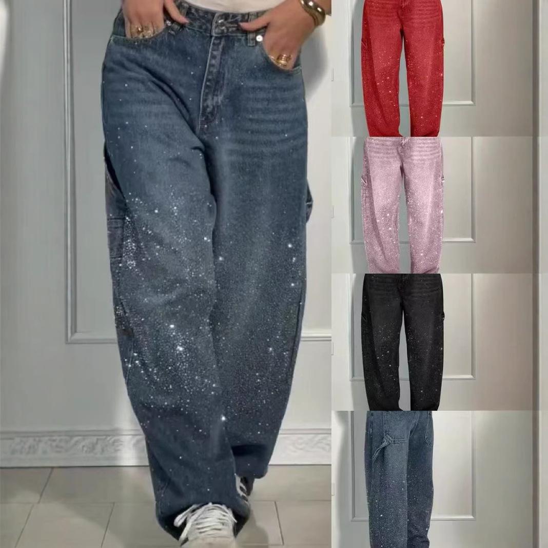Five Fine Glanzende strass baggy dames jeans met wijde pijpen, volledige diamantvormige wijde pijpen, sleepspijkerbroek, vintage gewassen broek, casual broek XXXL
